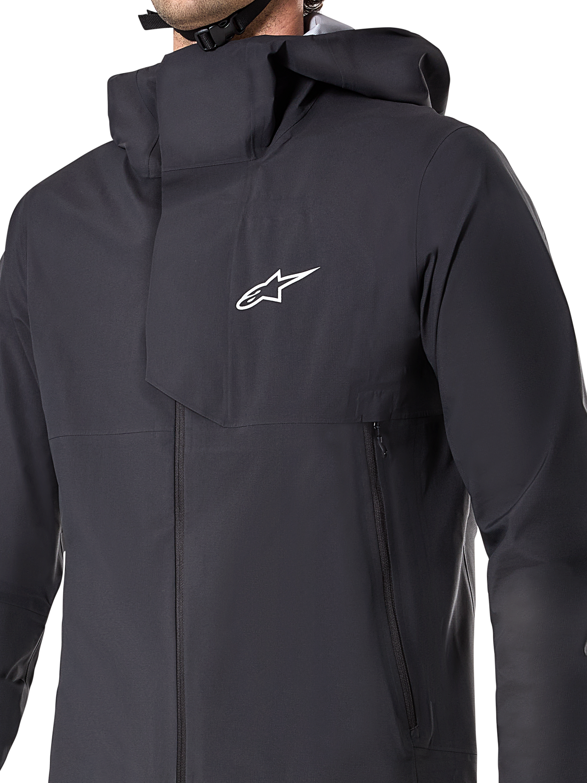 Alpinestars A-Dura Elite Waterproof Jacket, MTB Cycling Jacket, Black, featuring a 3-layer waterproof membrane, over-the-helmet hood, zippered pockets, and technical ripstop texture for mountain bike trail riding