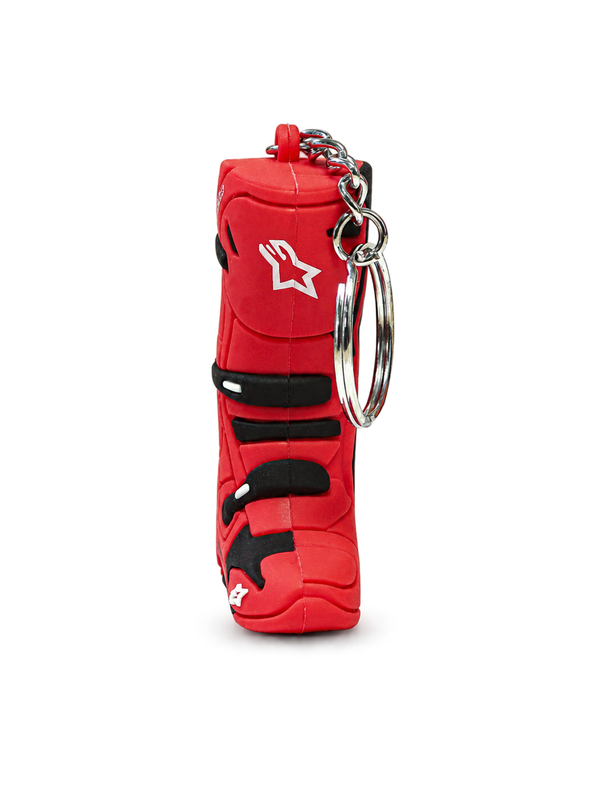 Alpinestars Tech 10 Boot Keyfob, motocross boot keychain accessory, red and black with white logo details, durable synthetic construction and metal snap ring