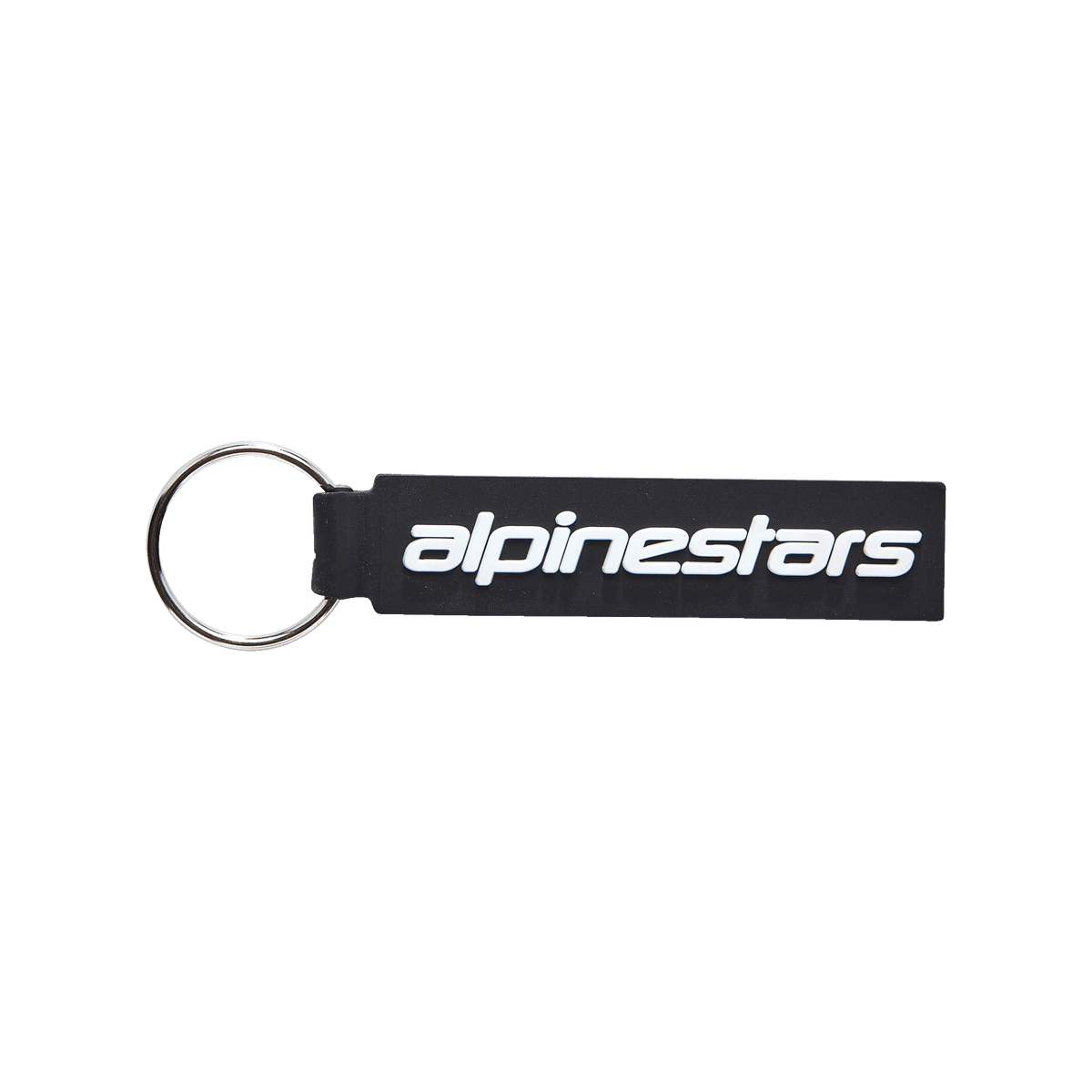 Alpinestars Linear Key Fob, zwarte rechthoekige sleutelhanger met wit Alpinestars-logo, zilverkleurige metalen ring, premium 3D-gevormde PVC-constructie, op de motorsport geïnspireerd accessoire