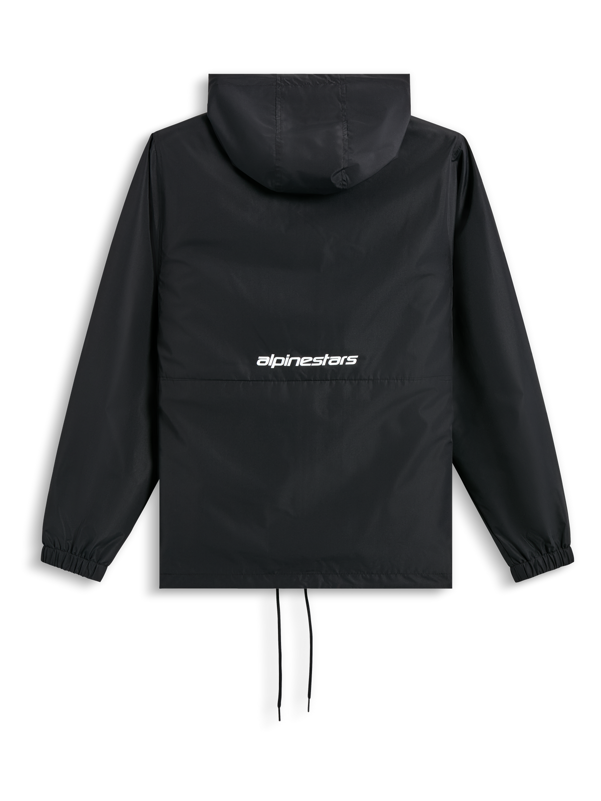Alpinestars Speeder Chromium windbreaker, zwarte jas met capuchon, elastische manchetten en wit woordlogo op de achterzijde