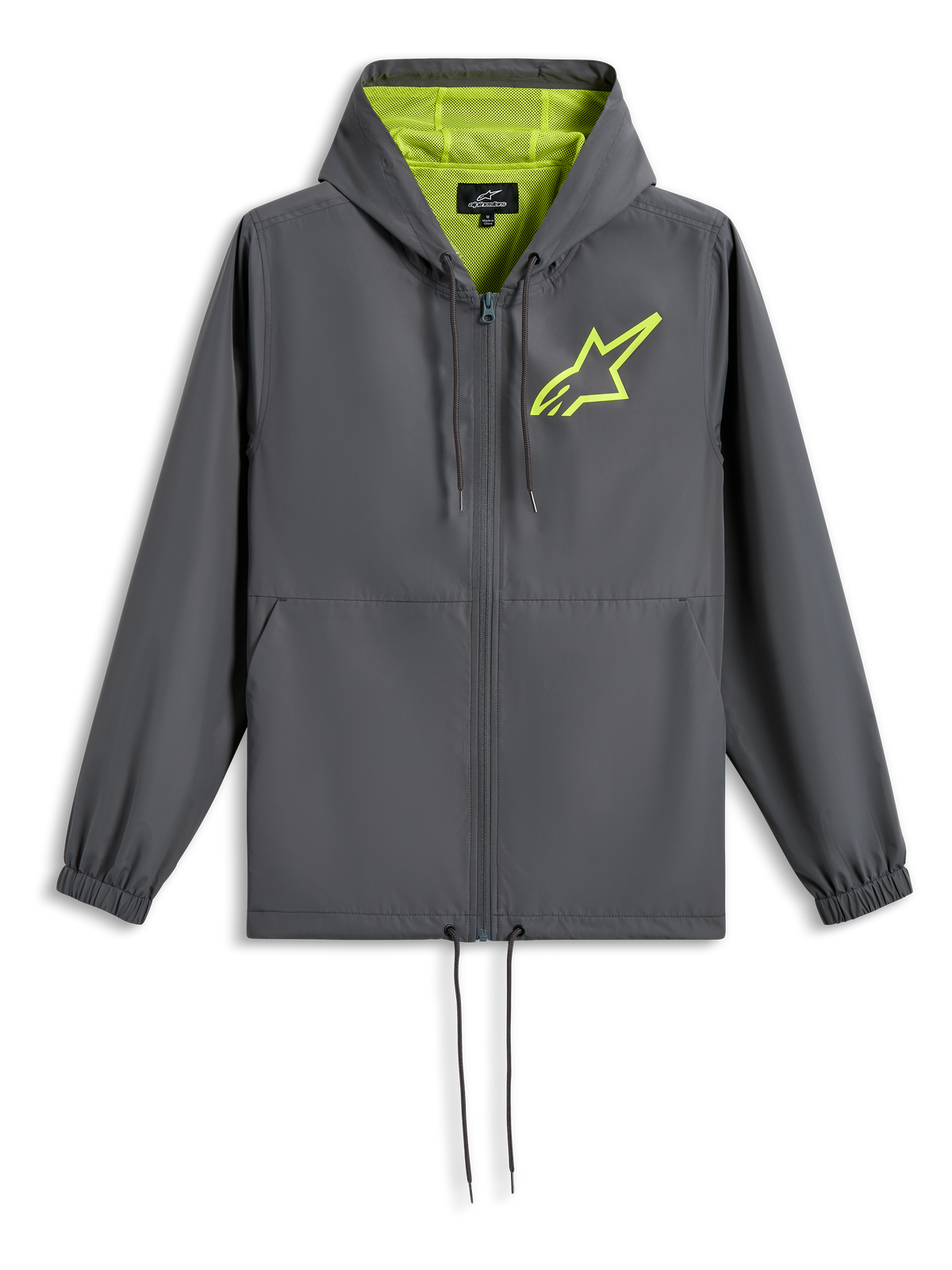 Alpinestars Speeder Chromium Windbreak Jas, houtskoolgrijs met Hi-Vis geel, limoengroen sterlogo op de borst, capuchon met mesh-voering, volledige ritssluiting met trekkoord in de zoom, casual motorsport-geïnspireerde windbreaker