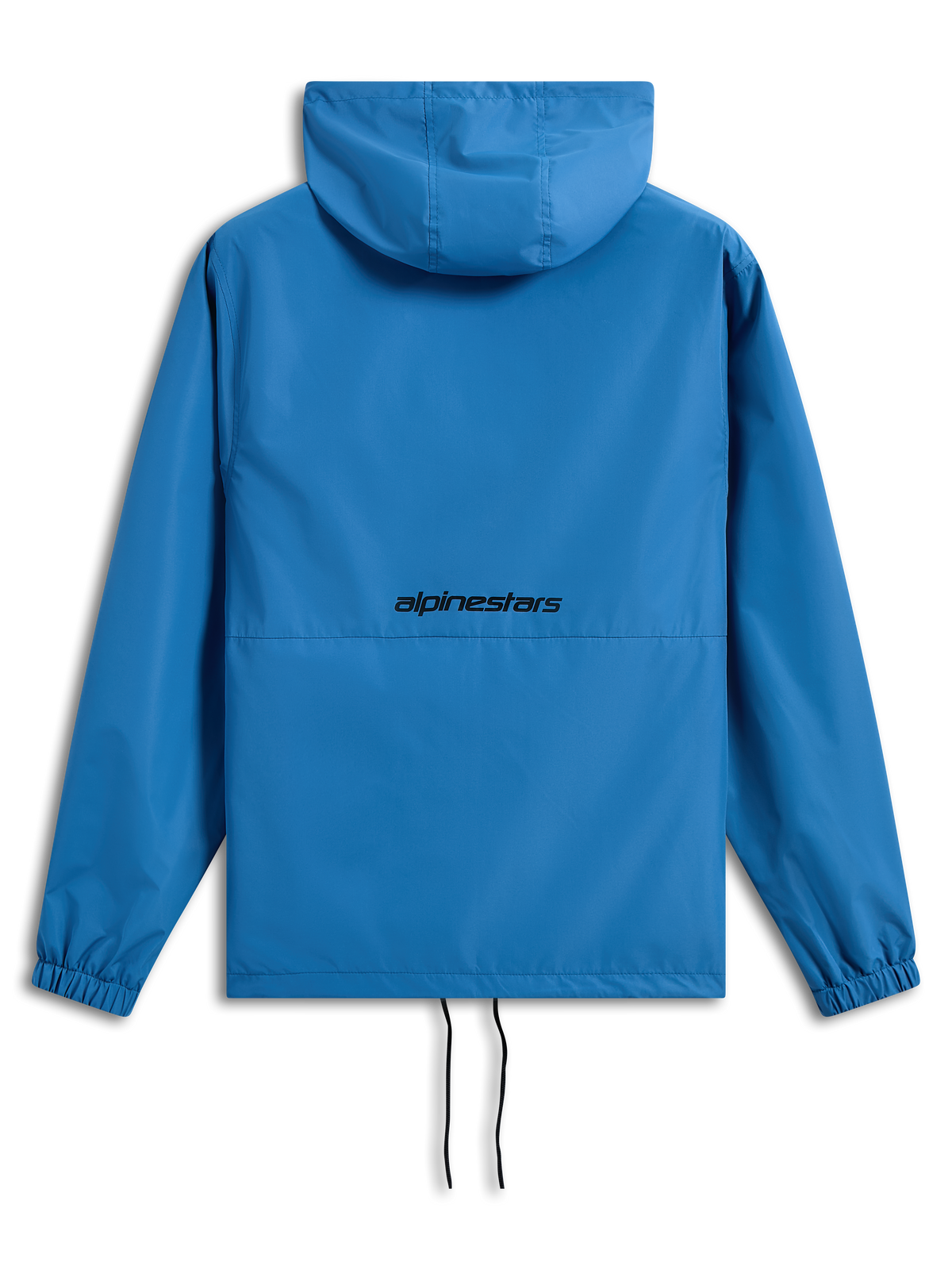 Alpinestars Speeder Chromium Windbreak Jacket, bright blue, back view featuring black Alpinestars word logo, hooded lightweight windbreaker, elastic cuffs, adjustable hem with drawcords, casual motorsport-inspired outerwear