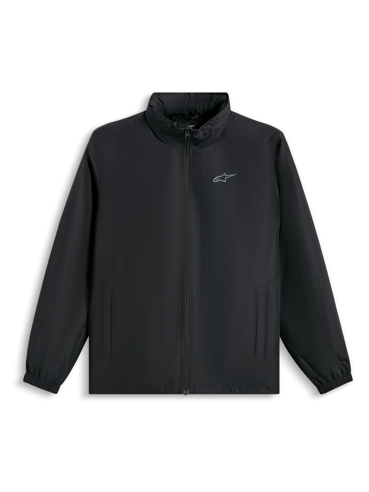 Alpinestars Overhaul Racer Jacket, zwarte regenjas, voorzien van een klein zilveren logo op de borst, volledige ritssluiting aan de voorzijde en zijzakken, casual motorsport-geïnspireerde streetwear