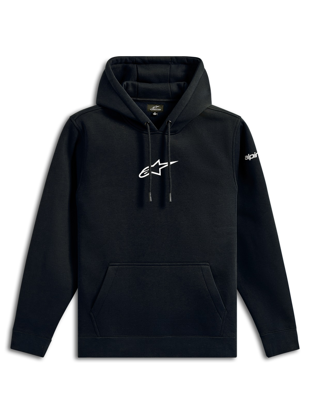 Alpinestars Frontal Hoodie, casual streetwear, zwart met wit Alpinestars sterlogo op de borst, kangoeroezak, capuchon met trekkoord, lange mouwen, op motorsport geïnspireerd ontwerp