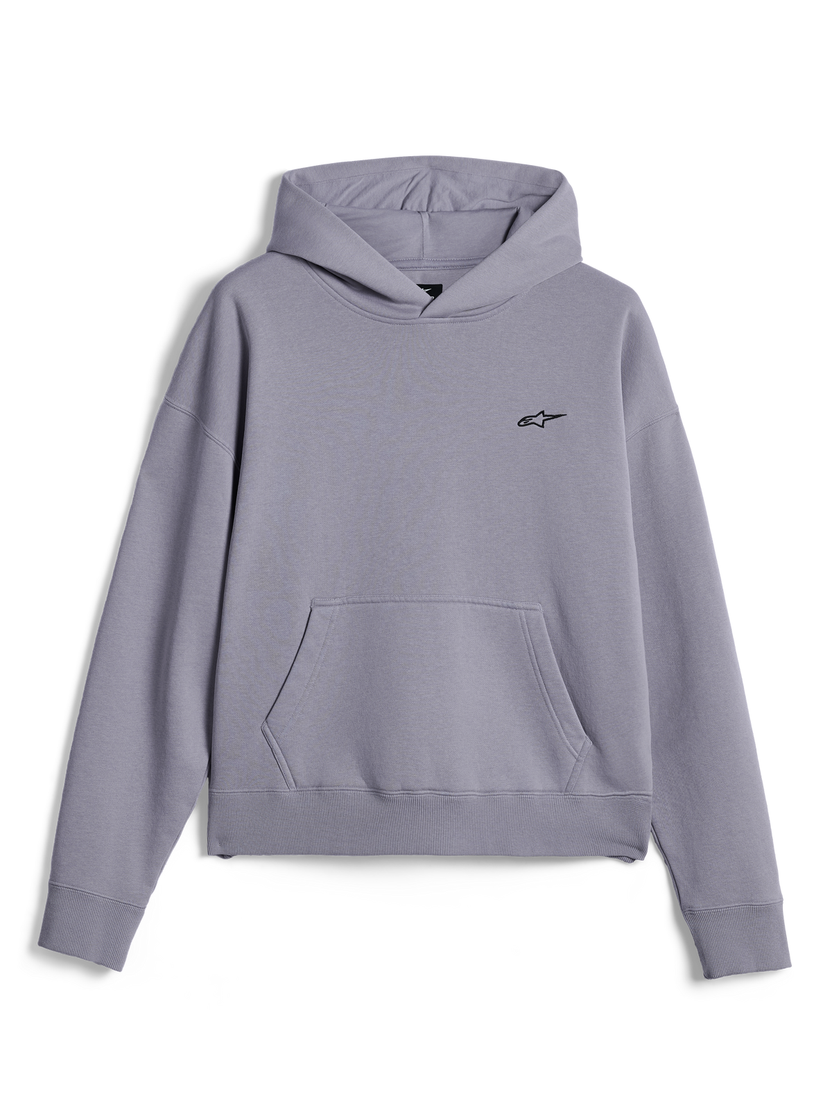 Alpinestars Essentials Ageless Hoodie, casual streetwear, zilveren stone-washed fleece, klein zwart Astars-logo op de borst, kangoeroezak aan de voorkant, pullover ontwerp met capuchon