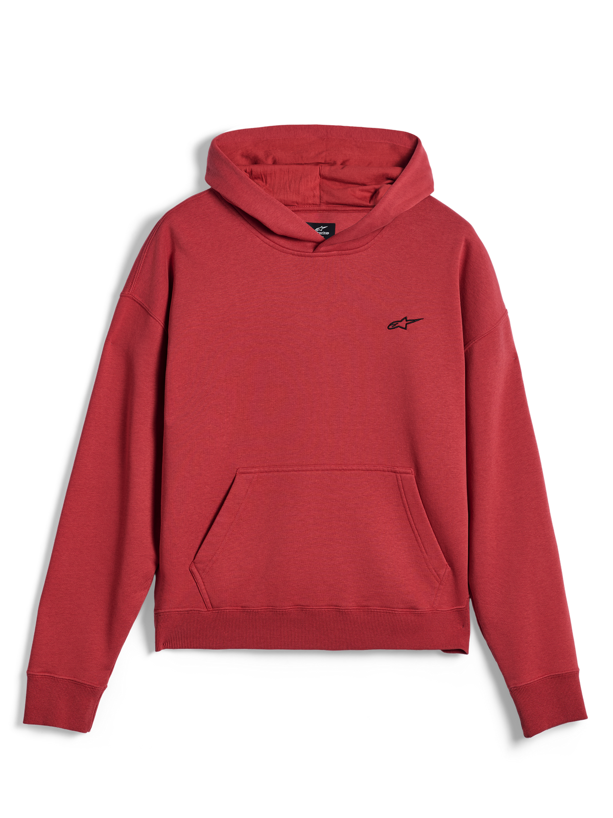 Alpinestars Essentials Ageless Hoodie, casual sportkleding, baksteenrood, met een klein zwart Alpinestars sterlogo op de borst, kangoeroezak en geribbelde zoom en manchetten, minimalistisch streetwear-ontwerp