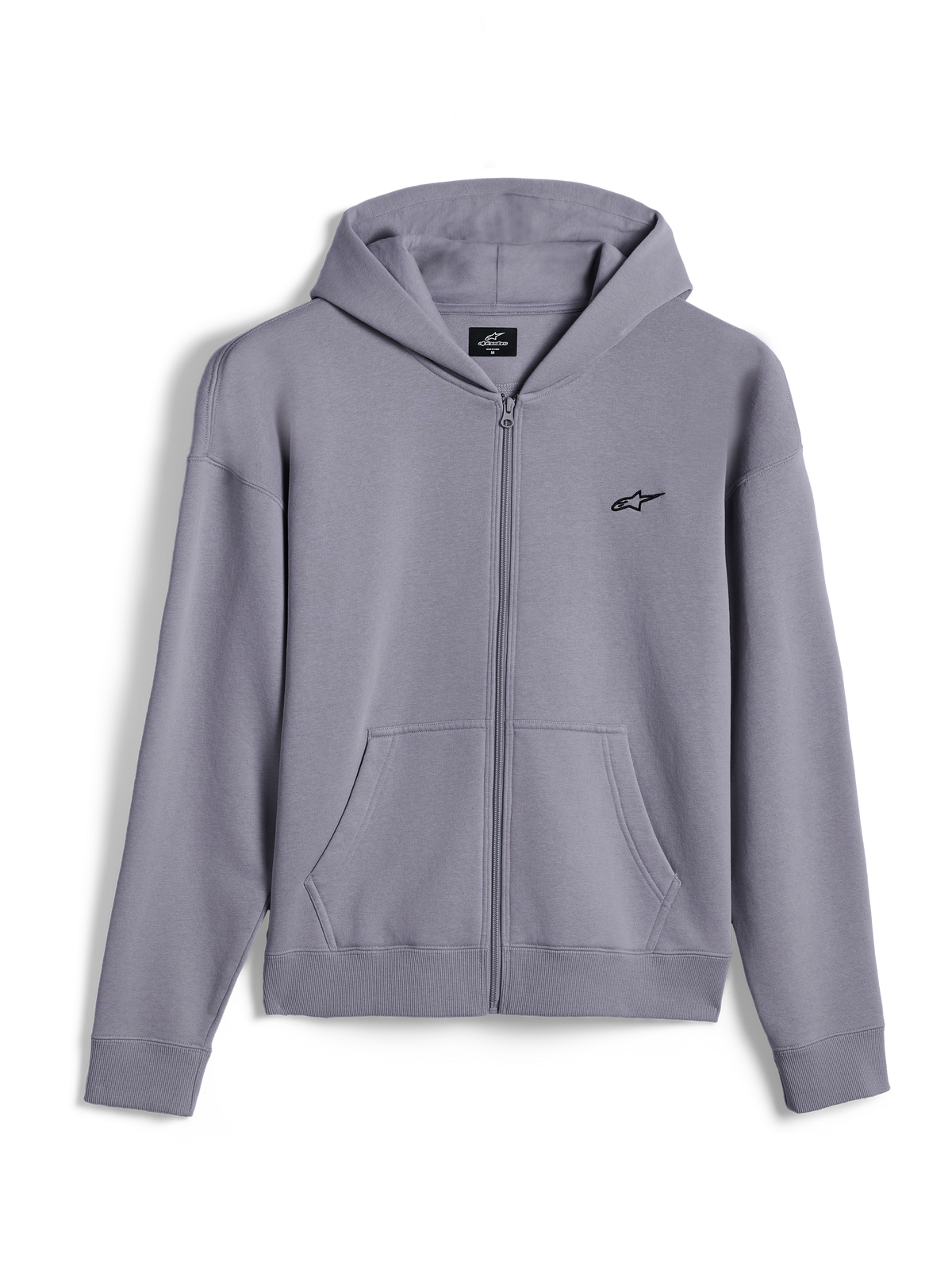 Alpinestars Essentials Ageless Zip Hoodie, casual streetwear, zilver, klein zwart Alpinestars-logo op de borst, volledige rits aan de voorzijde met kangoeroezakken, geribbelde manchetten en zoom, minimalistisch op motorsport geïnspireerd design