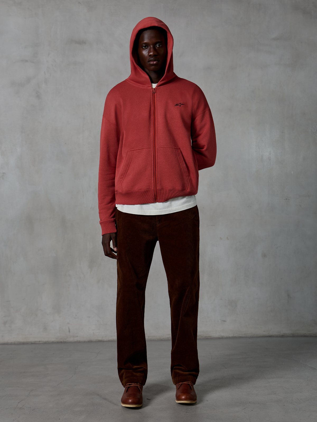 Alpinestars Essentials Ageless Zip Hoodie, casual sportswear, Brick red, full-zip with drawstring hood, small chest logo, relaxed fit with garment stone wash