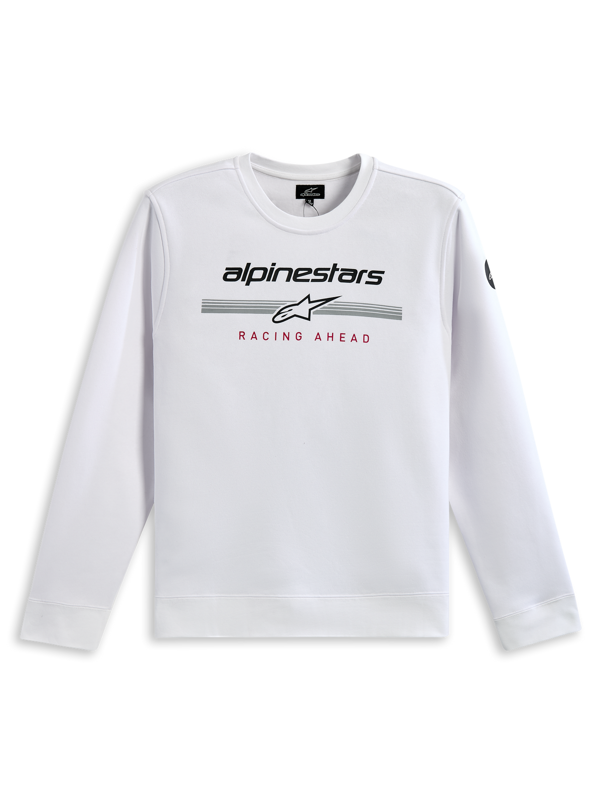 Alpinestars Bettern Crew sweatshirt, wit, met zwarte Alpinestars-branding, grijze racestrepen met een wit sterlogo en rode 'RACING AHEAD' opdruk, casual streetwear geïnspireerd op de motorsport