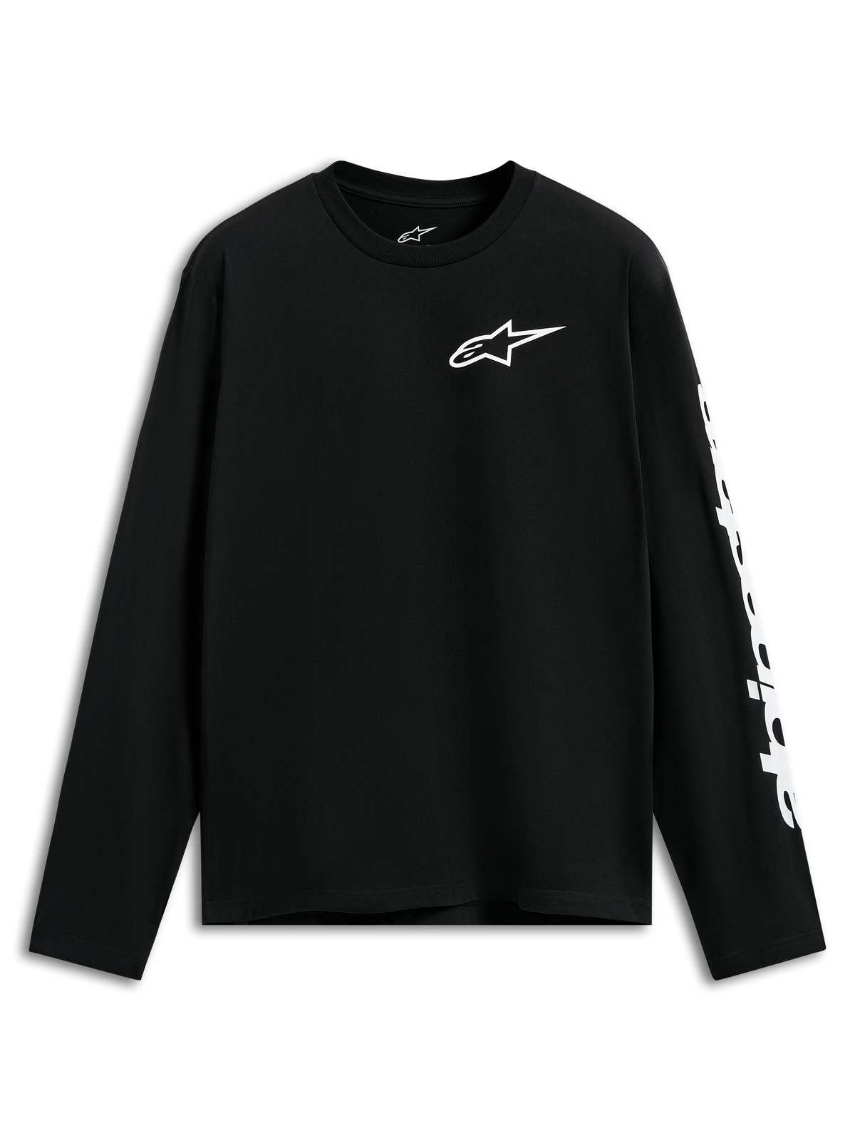 Alpinestars Trackside CSF Tee, shirt met lange mouwen, zwart, wit Alpinestars-logo op de borst en graphic op de mouw, casual motorsport-geïnspireerde streetwear