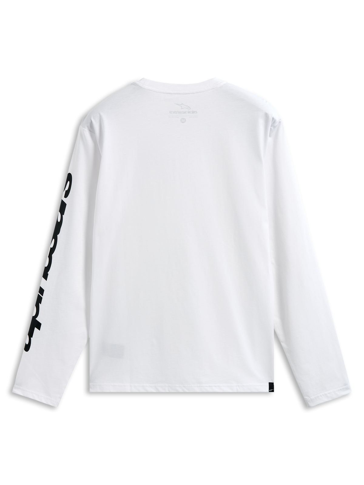 Alpinestars Trackside CSF Tee, T-shirt met lange mouwen, wit en zwart, achteraanzicht met opvallende zwarte graphic op de mouw, casual op motorsport geïnspireerde streetwear