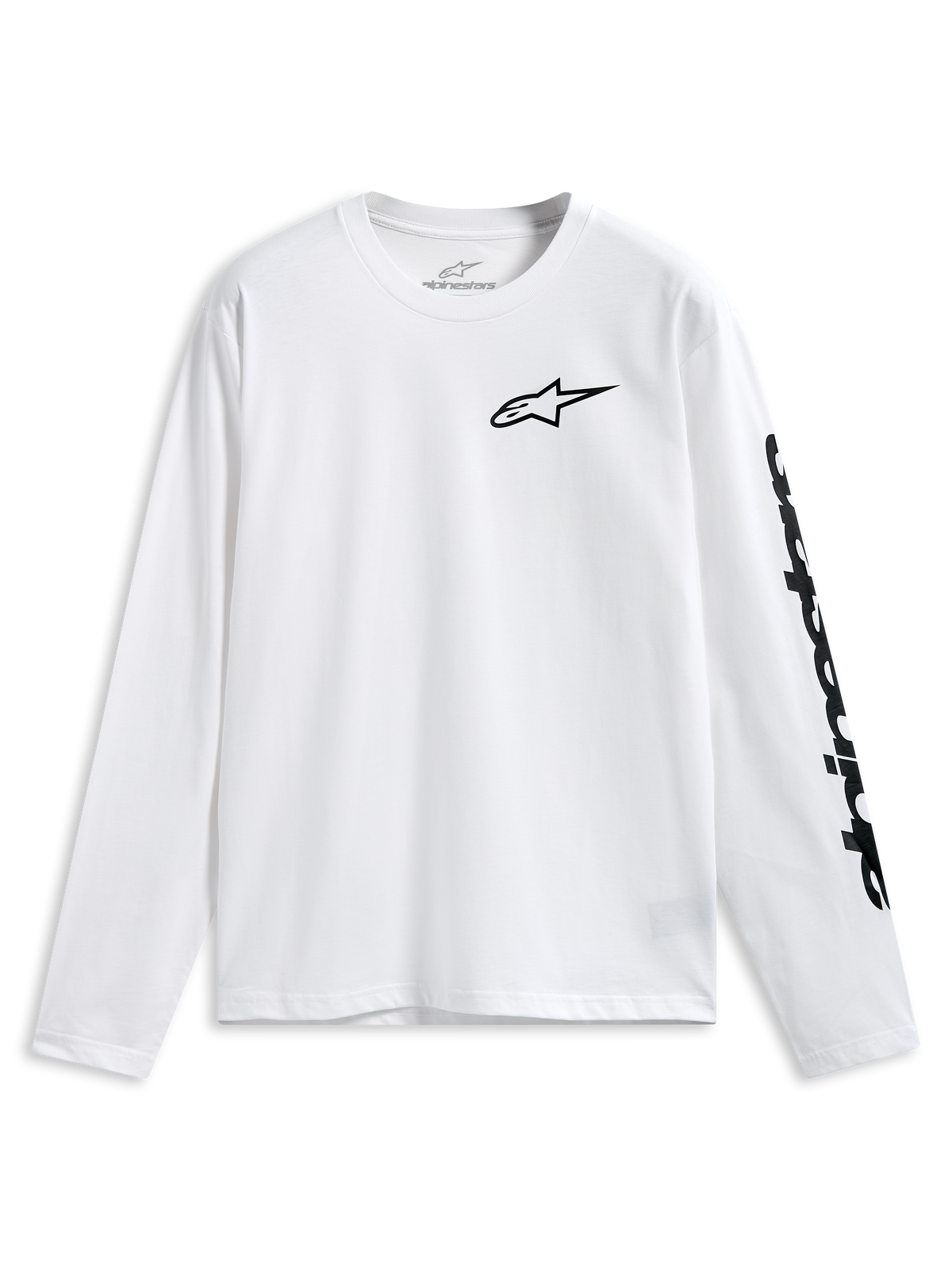 Alpinestars Trackside CSF Tee, T-shirt met lange mouwen, wit, zwart Alpinestars-logo op de borst en woordmerk op de mouw, casual motorsport sportswear