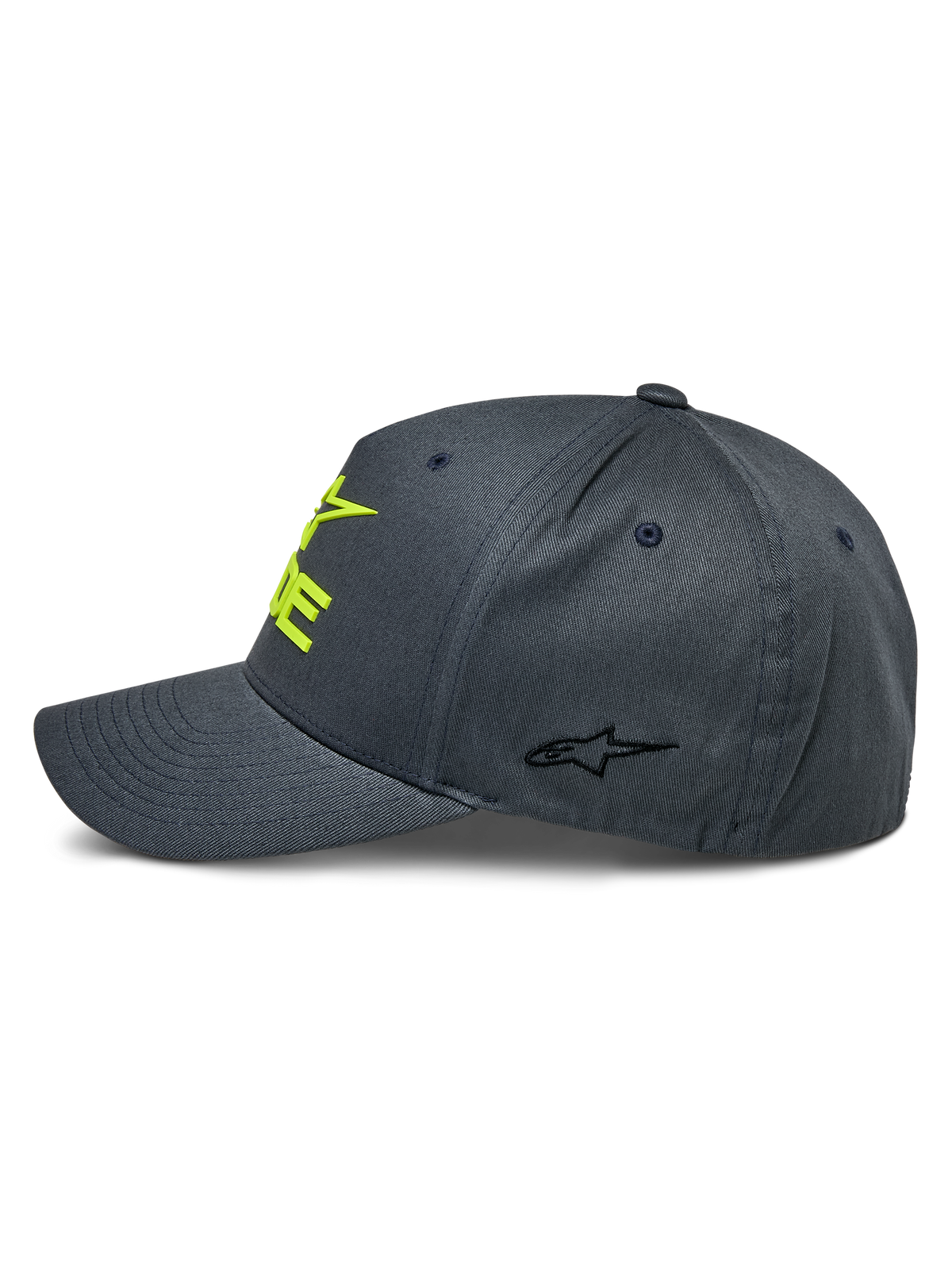 Alpinestars Ride Sonic pet, antraciet en Hi-Vis geel, zijprofiel met gebogen klep en gestructureerde kroon, 3D-geborduurd geel logo op de voorzijde en klein zwart sterlogo op het zijpaneel, casual motorsport pet