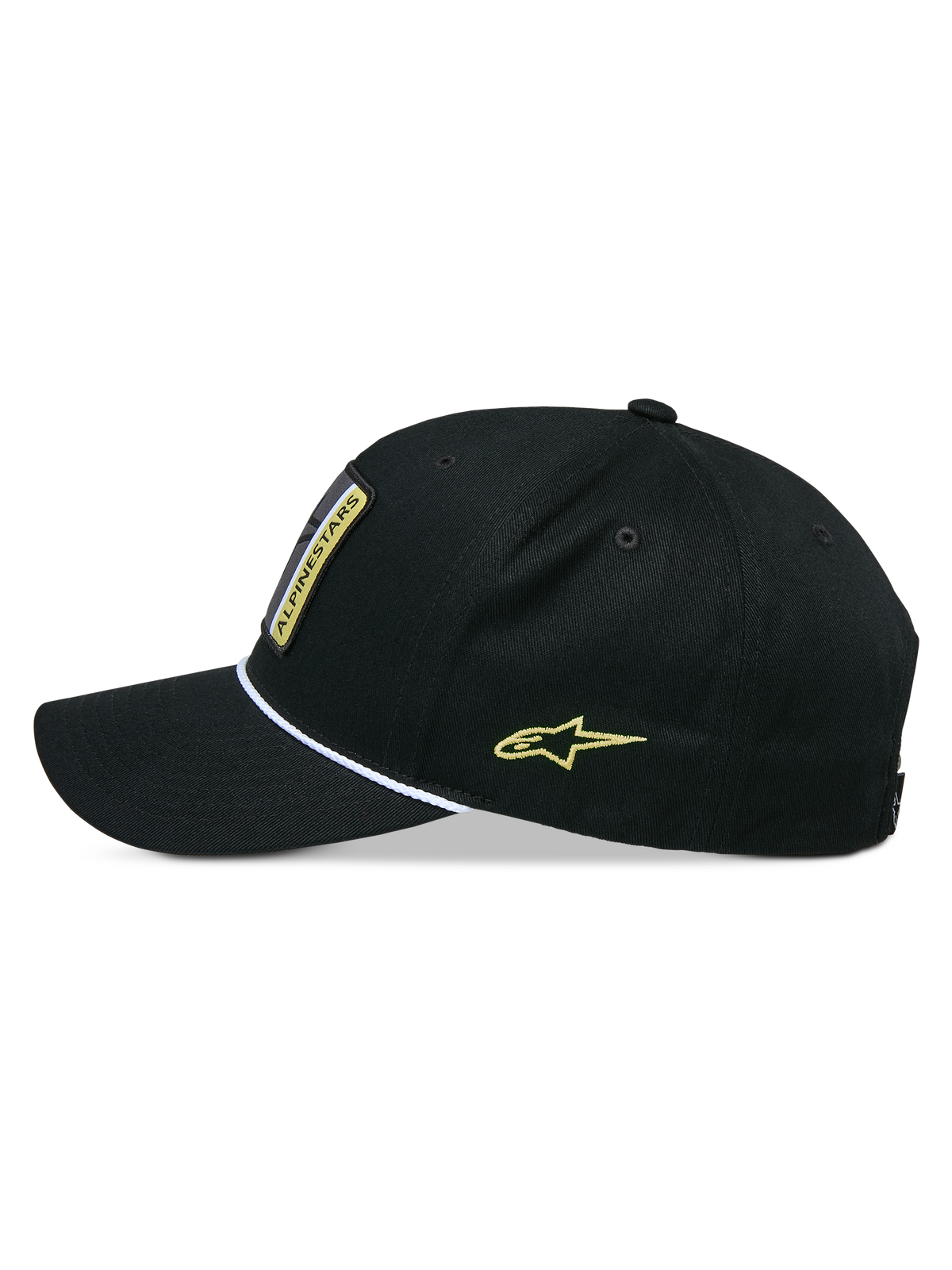 Alpinestars Specific Snapback pet, snapback pet, zwart, zijaanzicht met gebogen klep en witte gevlochten koordafwerking, geel geborduurd Astars-logo op de zijkant, gestructureerde kroon, casual hoofddeksel