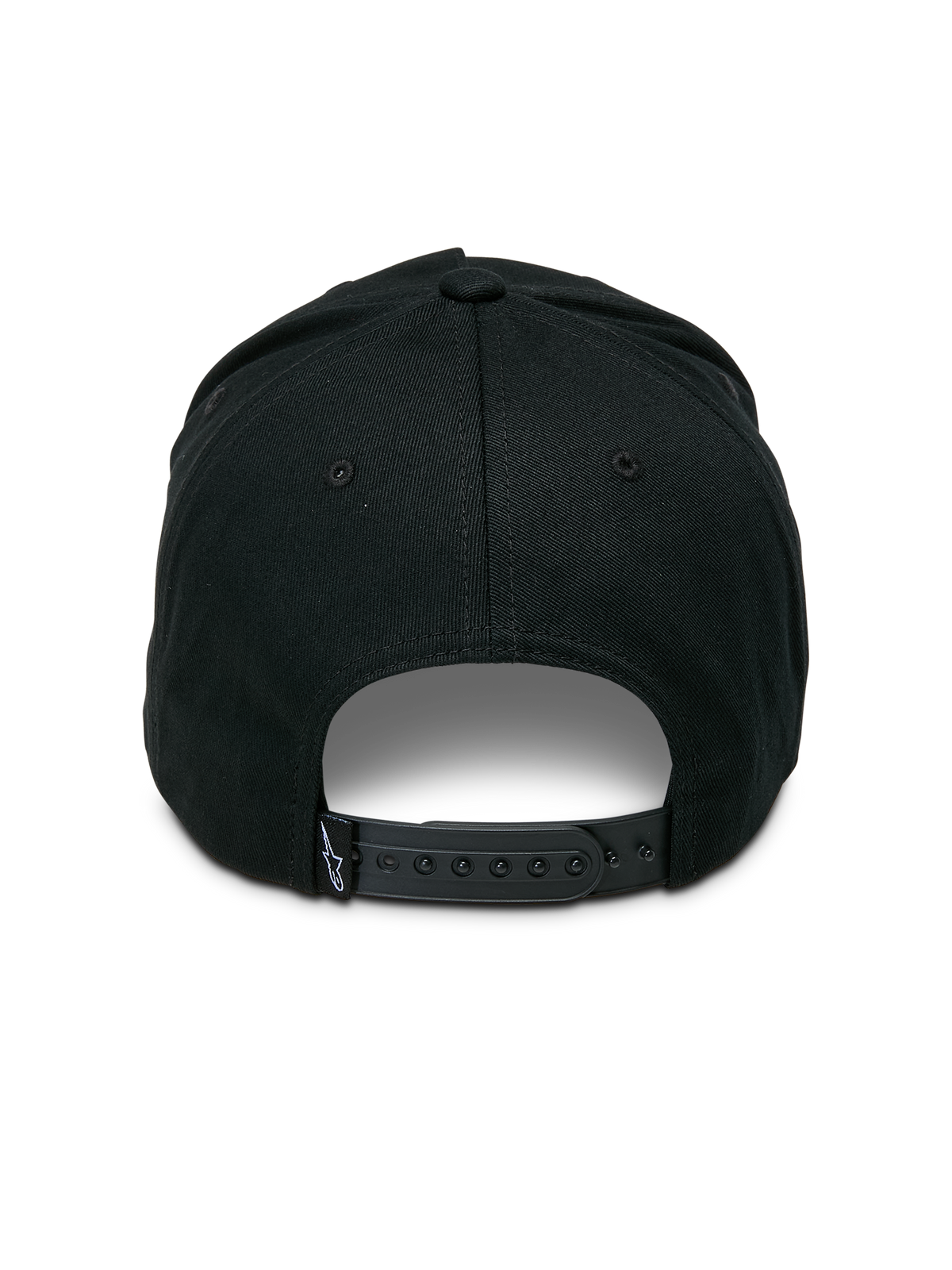 Alpinestars Ageless Snapback pet, zwart, achteraanzicht met verstelbare snapback-sluiting, klein geweven label met sterlogo, gestructureerde kroon van katoenen keperstof, casual motorsport-geïnspireerde hoofdbedekking