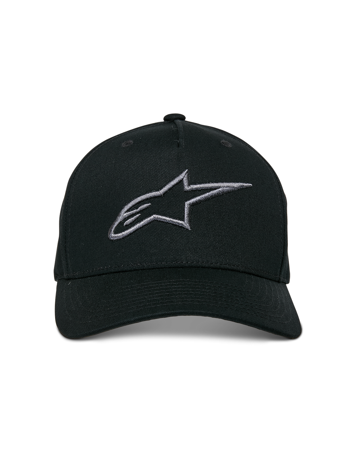Alpinestars Ageless Snapback pet, Black Charcoal, gebogen klep, gestructureerde kroon, 3D-geborduurd lineair logo, casual motorsport-geïnspireerde hoofdbedekking