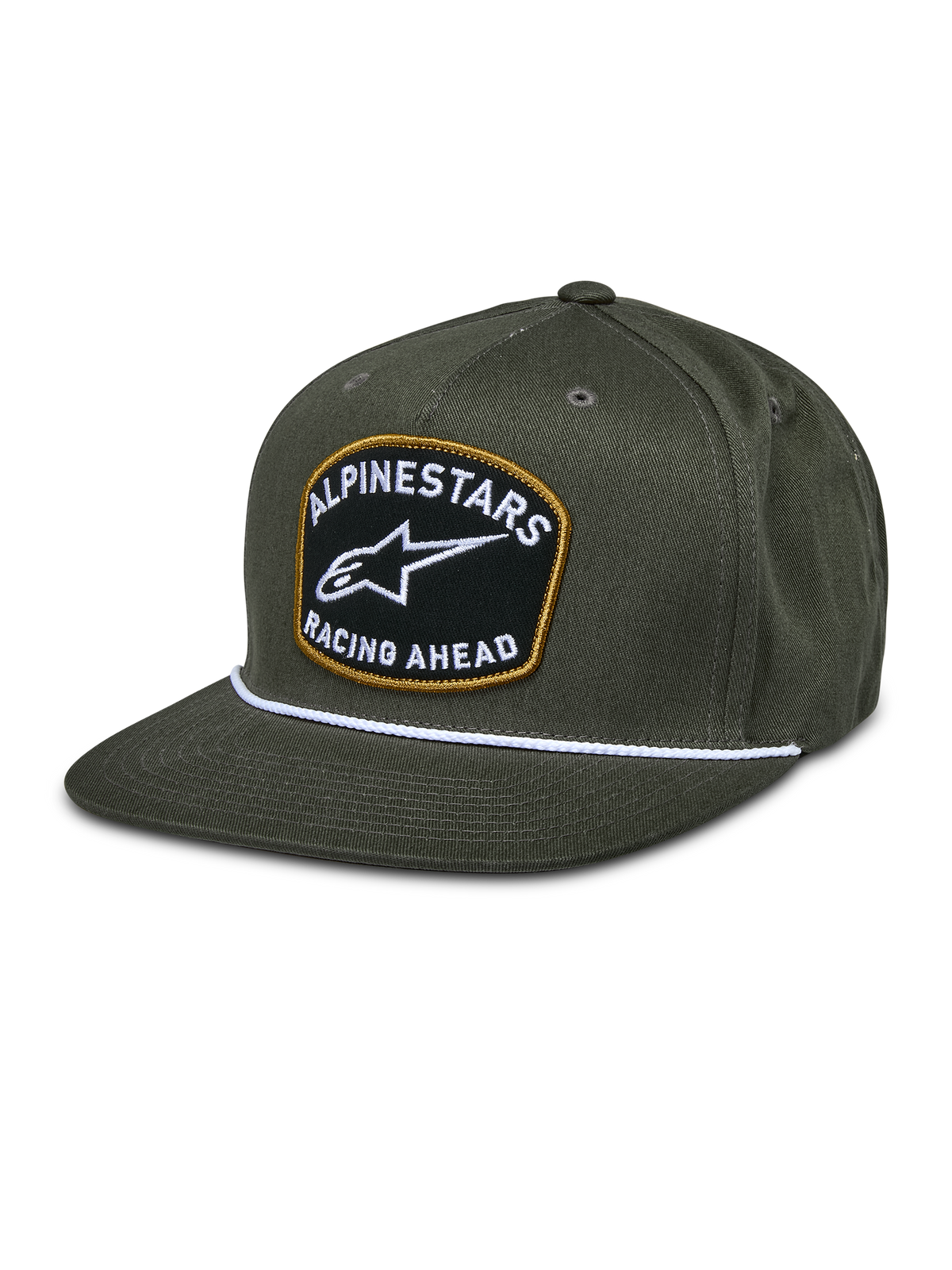 Alpinestars Promptus Snapback pet, militair groen, platte klep met wit gevlochten koord, zwarte geborduurde patch met gouden omlijsting, wit ALPINESTARS RACING AHEAD logo, casual motorsport lifestyle hoofddeksel