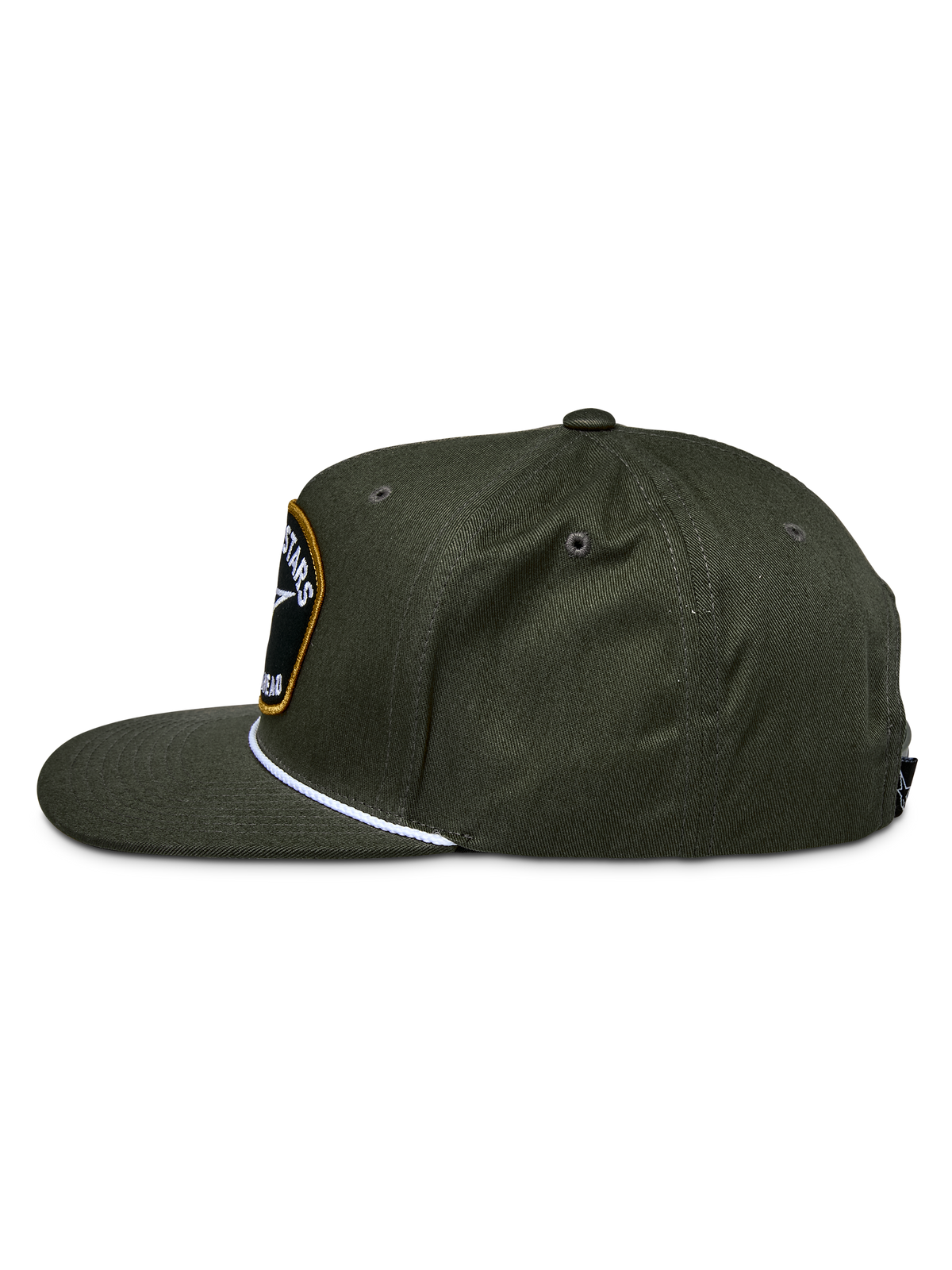 Alpinestars Promptus Snapback pet, Military Green, zijaanzicht met de gestructureerde kroon en platte klep, voorzien van een wit gevlochten koorddetail en een geborduurde logopatch aan de voorzijde, casual hoofddeksel van katoenen keperstof