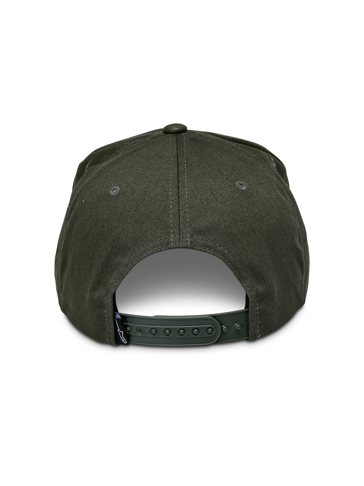 Alpinestars Promptus Snapback pet, Military Green, achterkant met verstelbare snapback-sluiting en katoenen keperstof, klein zwart merklabel, casual door motorsport geïnspireerde hoofdbedekking