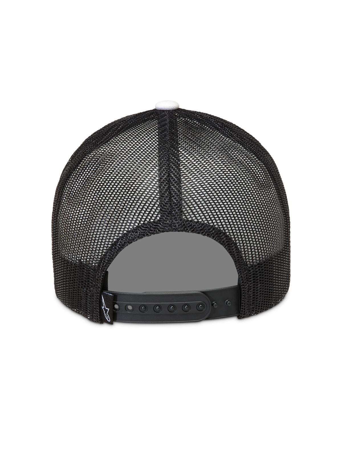 Alpinestars Ageless Snapback hoed, zwarte trucker pet met mesh achterkant, verstelbare snapback-sluiting en witte knop.