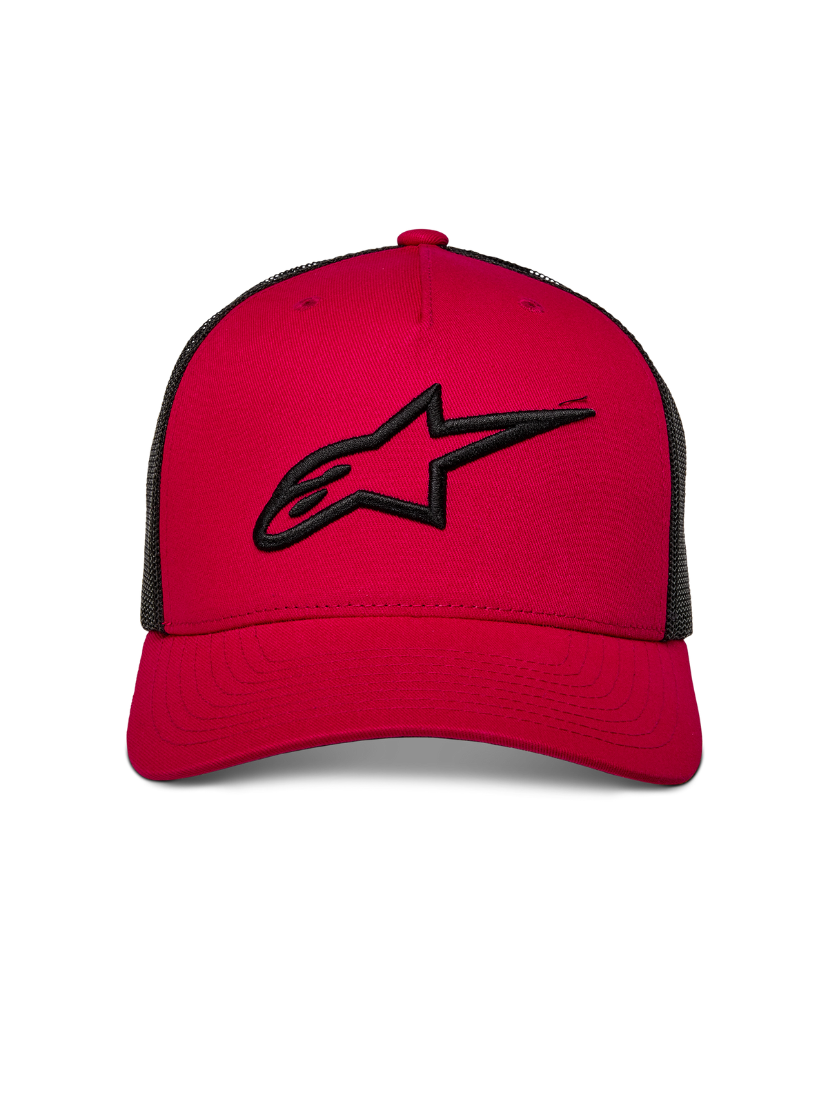 Alpinestars Ageless Trucker pet, rood met zwarte mesh achterkant, zwart 3D-geborduurd Astars-logo op de voorkant, gebogen klep, casual motorsport-geïnspireerde hoofdbedekking