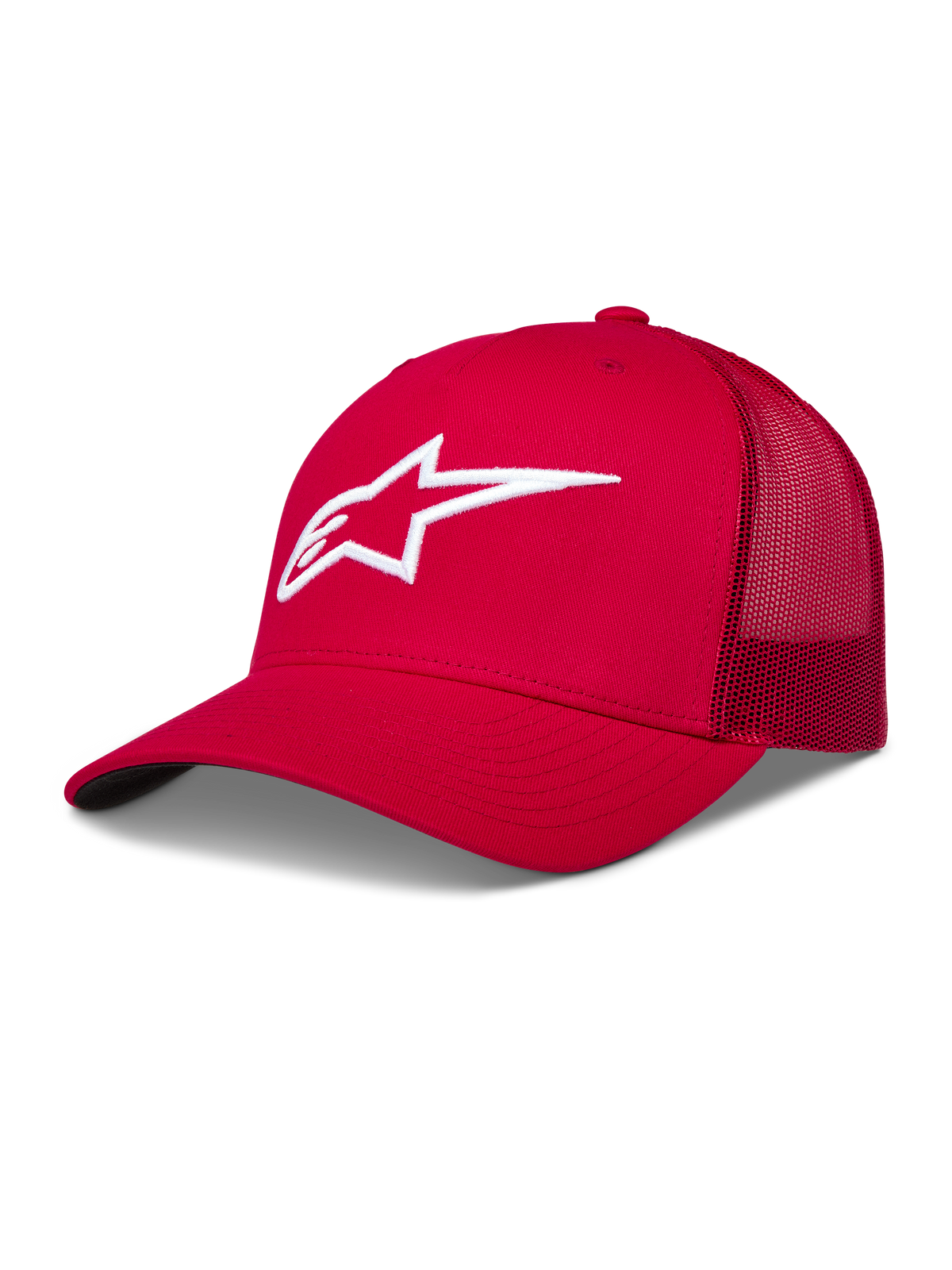 Alpinestars Ageless Snapback Hoed, rode truckerpet met mesh achterzijde en wit 3D Astars-logo.