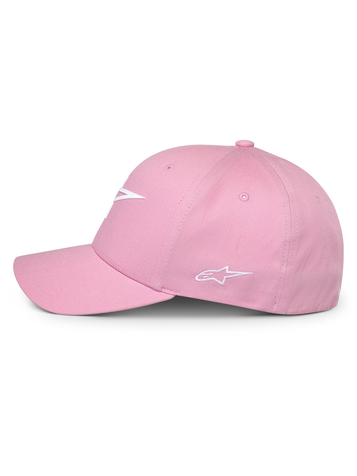 Alpinestars Ageless Multi pet, roze, zijaanzicht, voorzien van wit 3D-geprint logo aan de voorzijde en geborduurd logo aan de zijkant, gestructureerde kroon met gebogen klep, casual op motorsport geïnspireerde hoofdbedekking