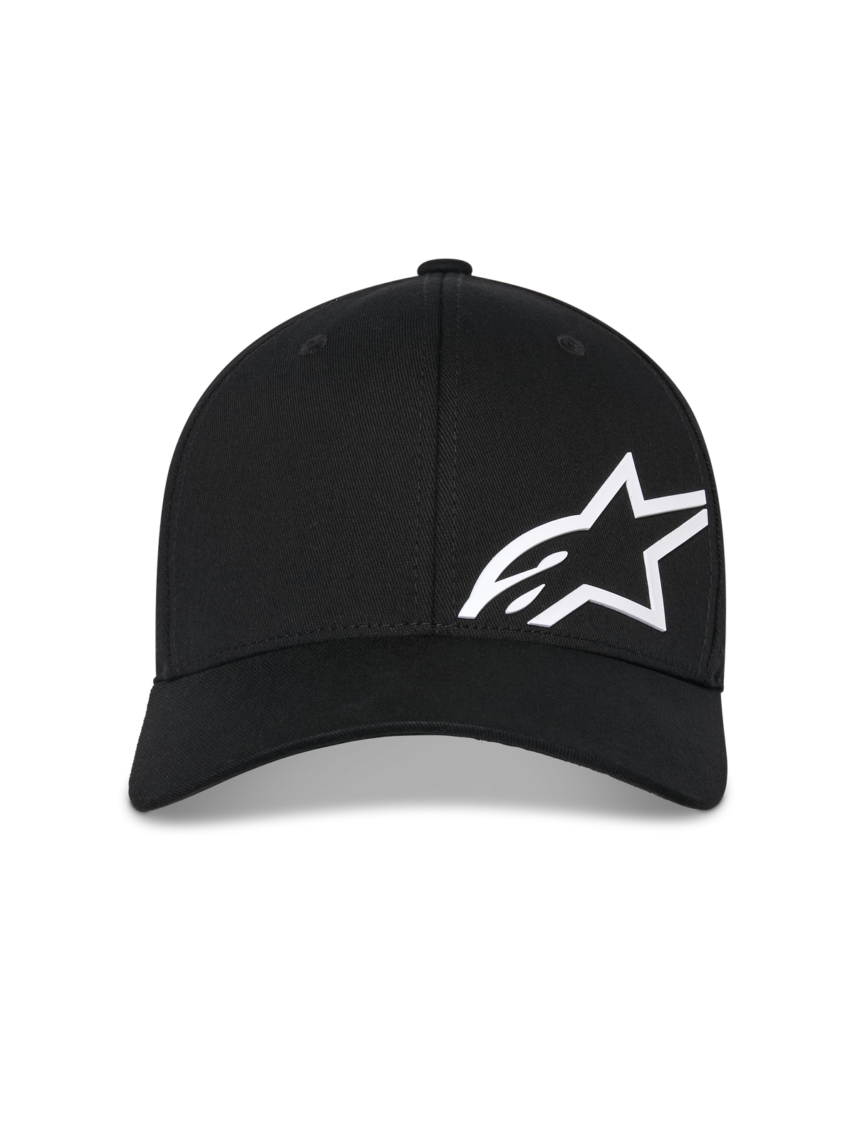 Alpinestars Corp Shift Multi pet, zwarte baseballcap, wit 3D-geprint Astars-logo op de voorkant, gebogen klep, gestructureerde kroon, casual motorsport-geïnspireerde hoofdbedekking