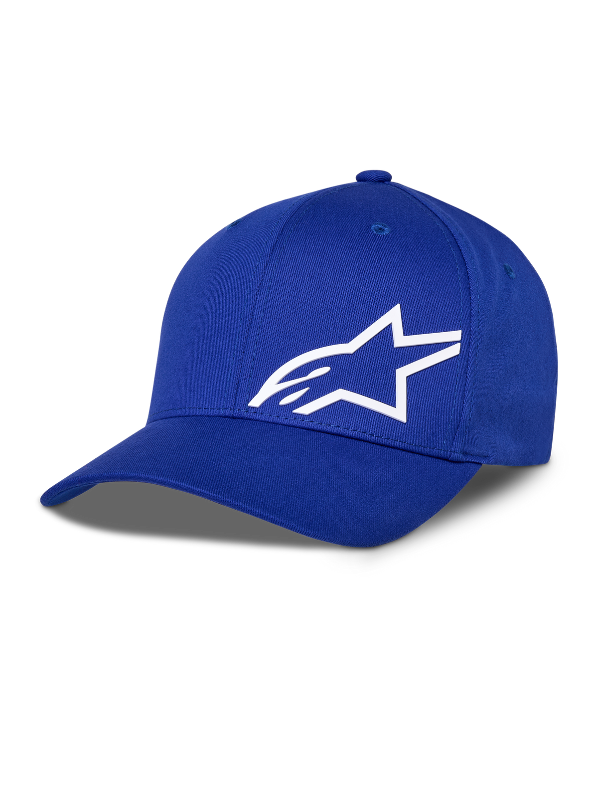 Alpinestars Corp Shift Multi Hat, blauwe baseballcap met wit 3D-stervormig logo, gestructureerde kroon, gebogen klep, casual motorsport-hoofdbedekking