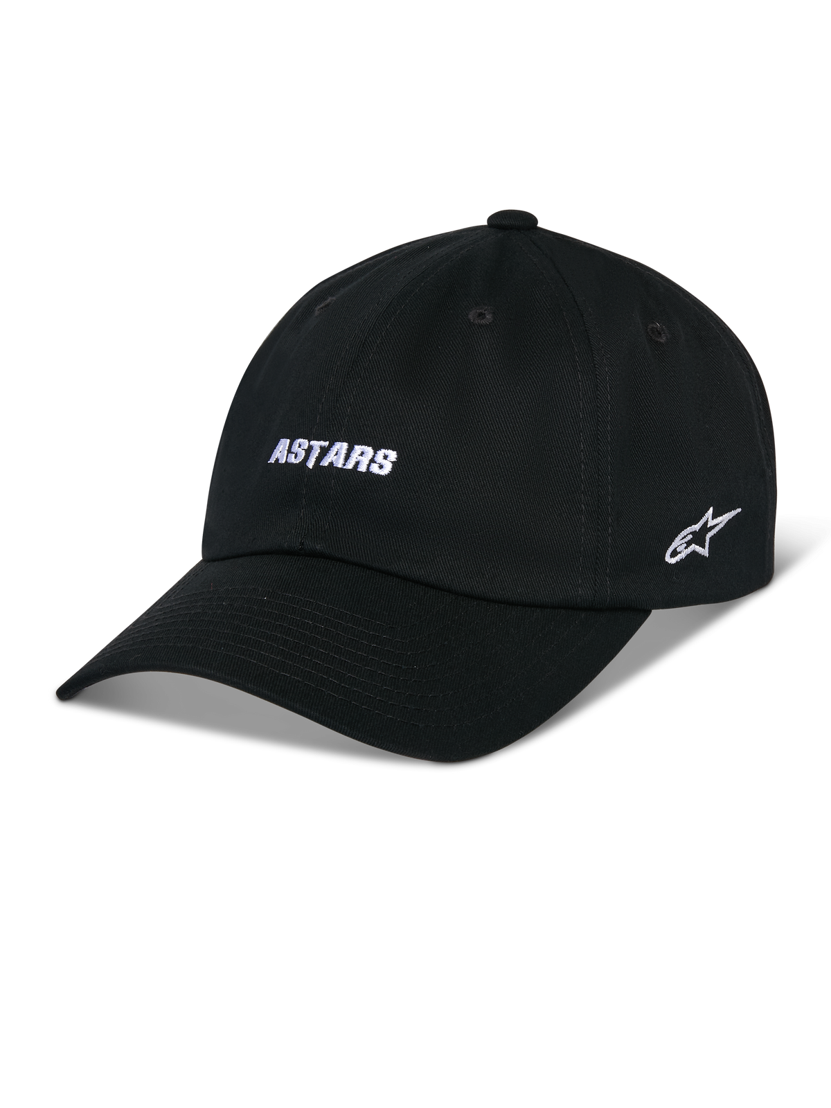 Alpinestars Deduce Strapback Hat, Black Baseball Cap with Curved Bill, White ASTARS Front Embroidery and Side Star Logo, Unstructured Low Crown, Cotton Twill Fabric