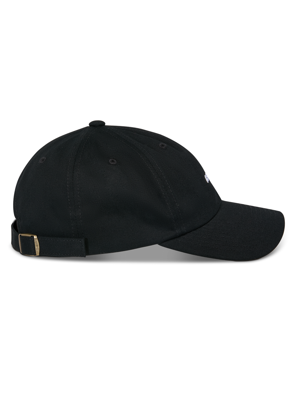 Alpinestars Deduce Strapback Hat, Black, side profile view, curved bill with unstructured low crown, cotton twill fabric, adjustable strapback closure with metal buckle, casual motorsport-inspired headwear