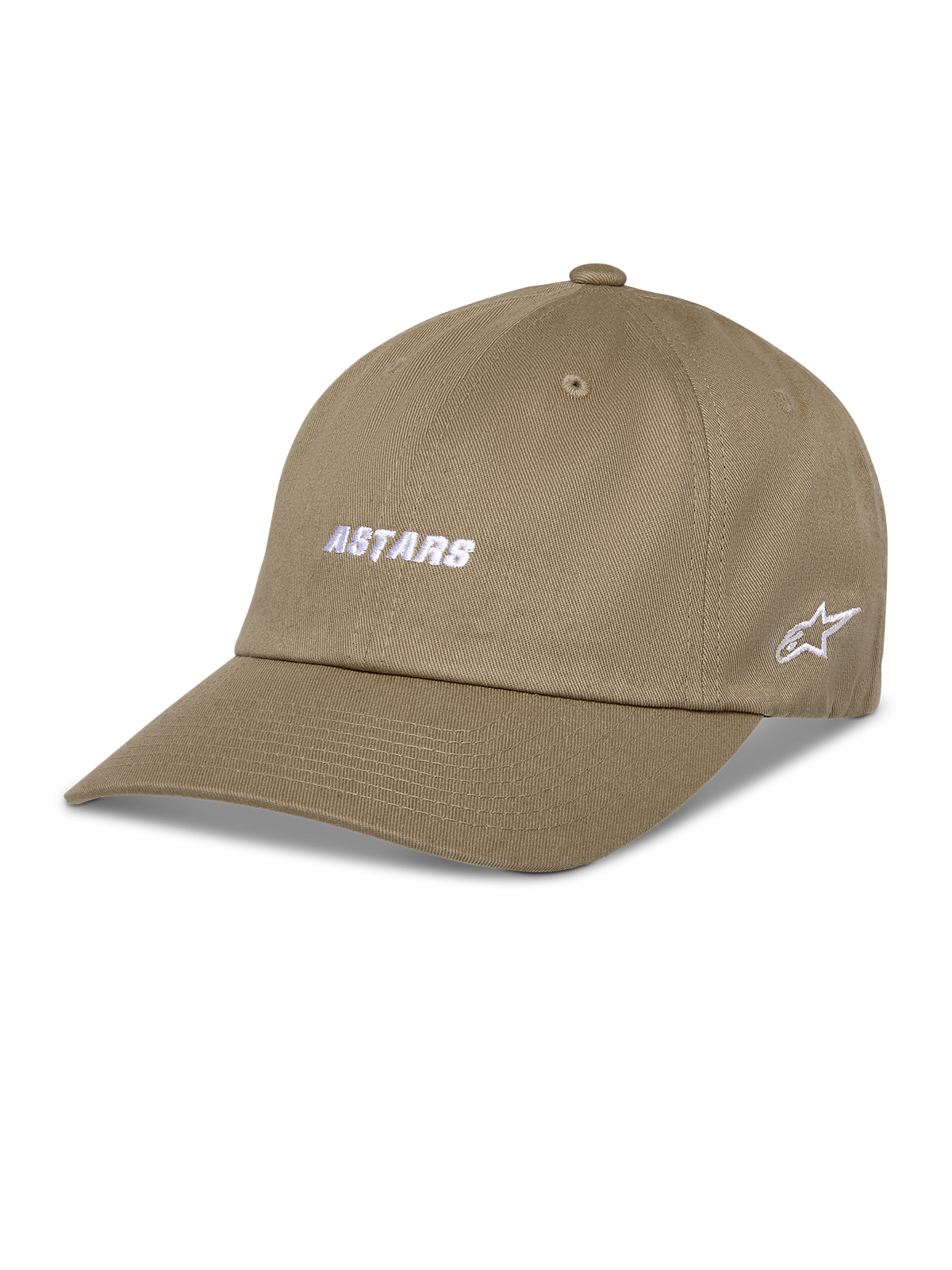 Alpinestars Deduce Strapback Hat, kaki baseballcap met gebogen klep, wit geborduurd ASTARS-logo op de voorzijde en ster-logo aan de zijkant, katoenen twill, casual sportkleding