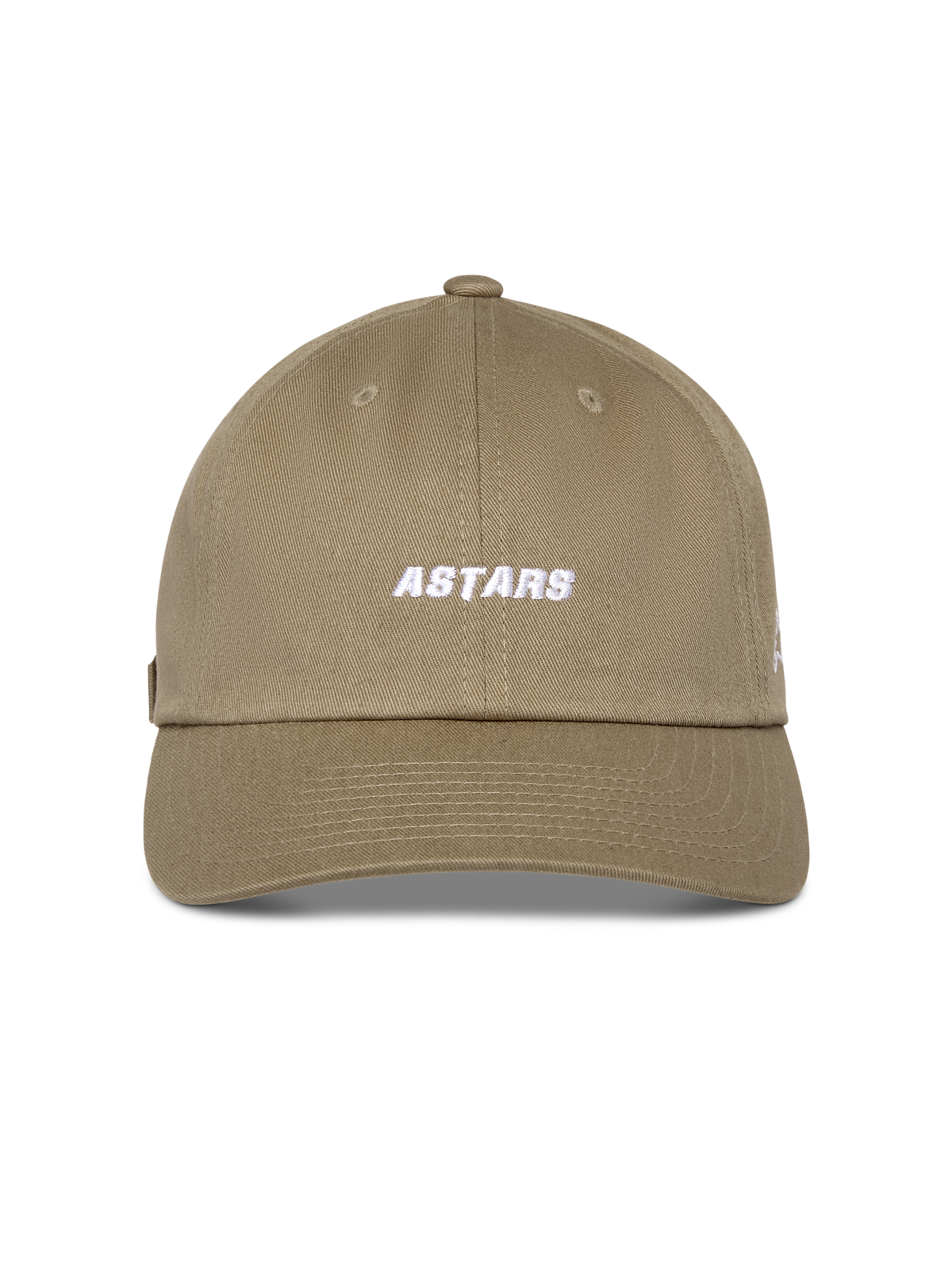 Alpinestars Deduce Strapback pet, khaki, ongestructureerde lage kroon met gebogen klep, wit geborduurd Astars-woordmerk op de voorkant, katoenen keperstof, casual motorsport-geïnspireerde pet