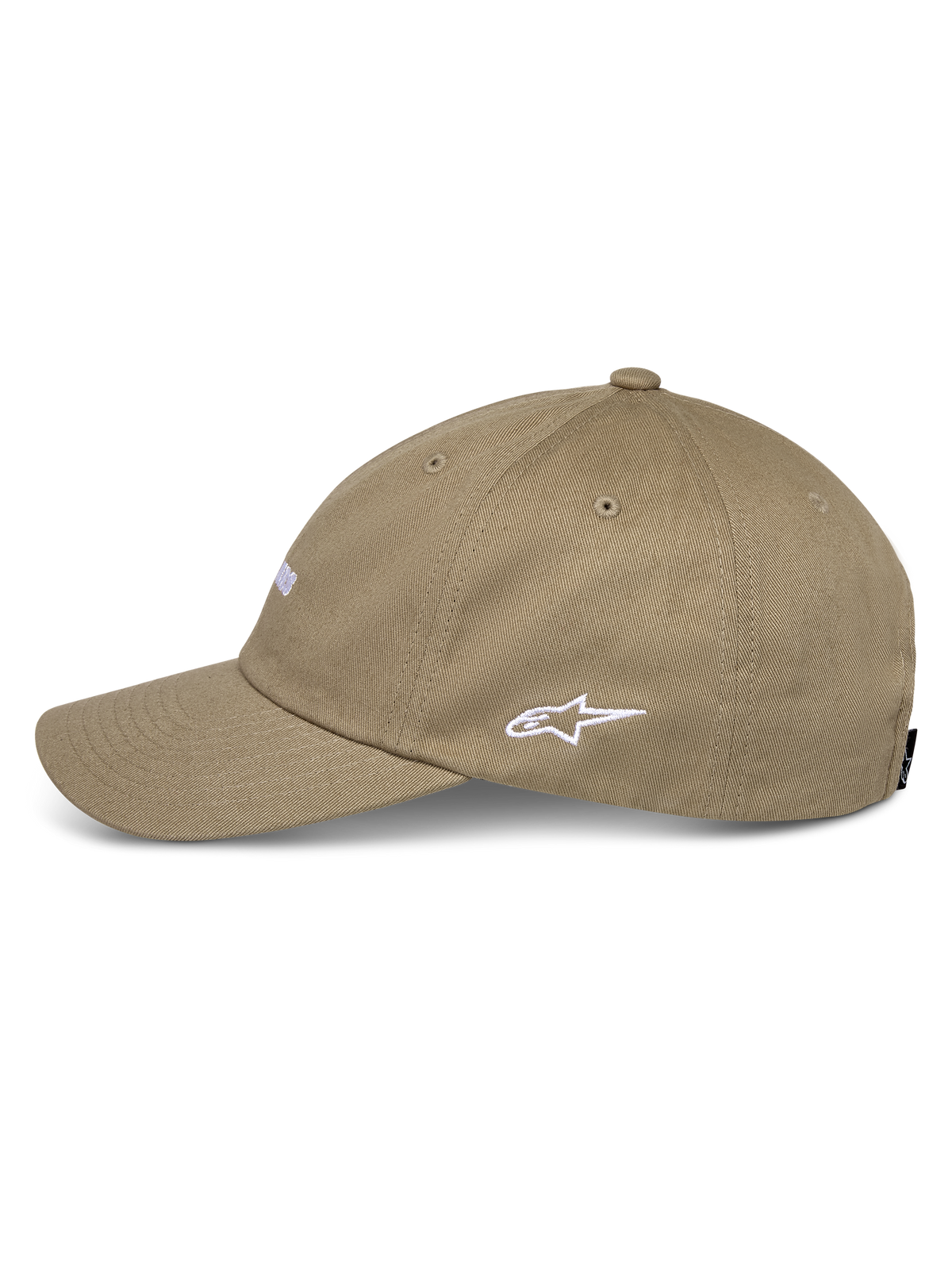 Alpinestars Deduce Strapback pet, khaki, zijaanzicht met wit geborduurd Astars-logo, gebogen klep, katoenen keperstof, casual motorsport streetwear