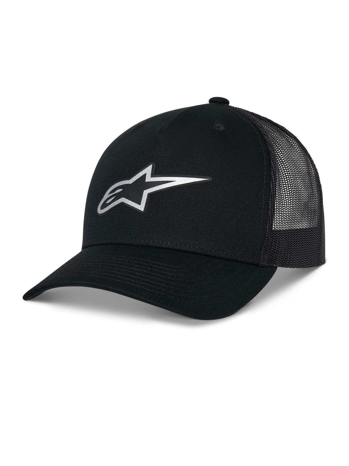 Alpinestars Reflect Ageless Trucker Pet, zwart, met een reflecterend zilverkleurig Astars-logo op de voorkant, gebogen klep en mesh achterpanelen, gestructureerde kroon, casual motorsport hoofdbedekking