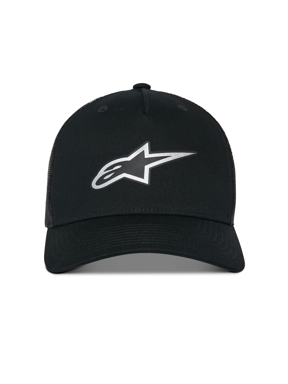 Alpinestars Reflect Ageless Trucker Hat, trucker pet, zwart, met een reflecterend zilveren Astars-logo op de voorkant, gestructureerde kroon met een gebogen klep en een ademende mesh achterkant, casual motorsport-geïnspireerde hoofdbedekking