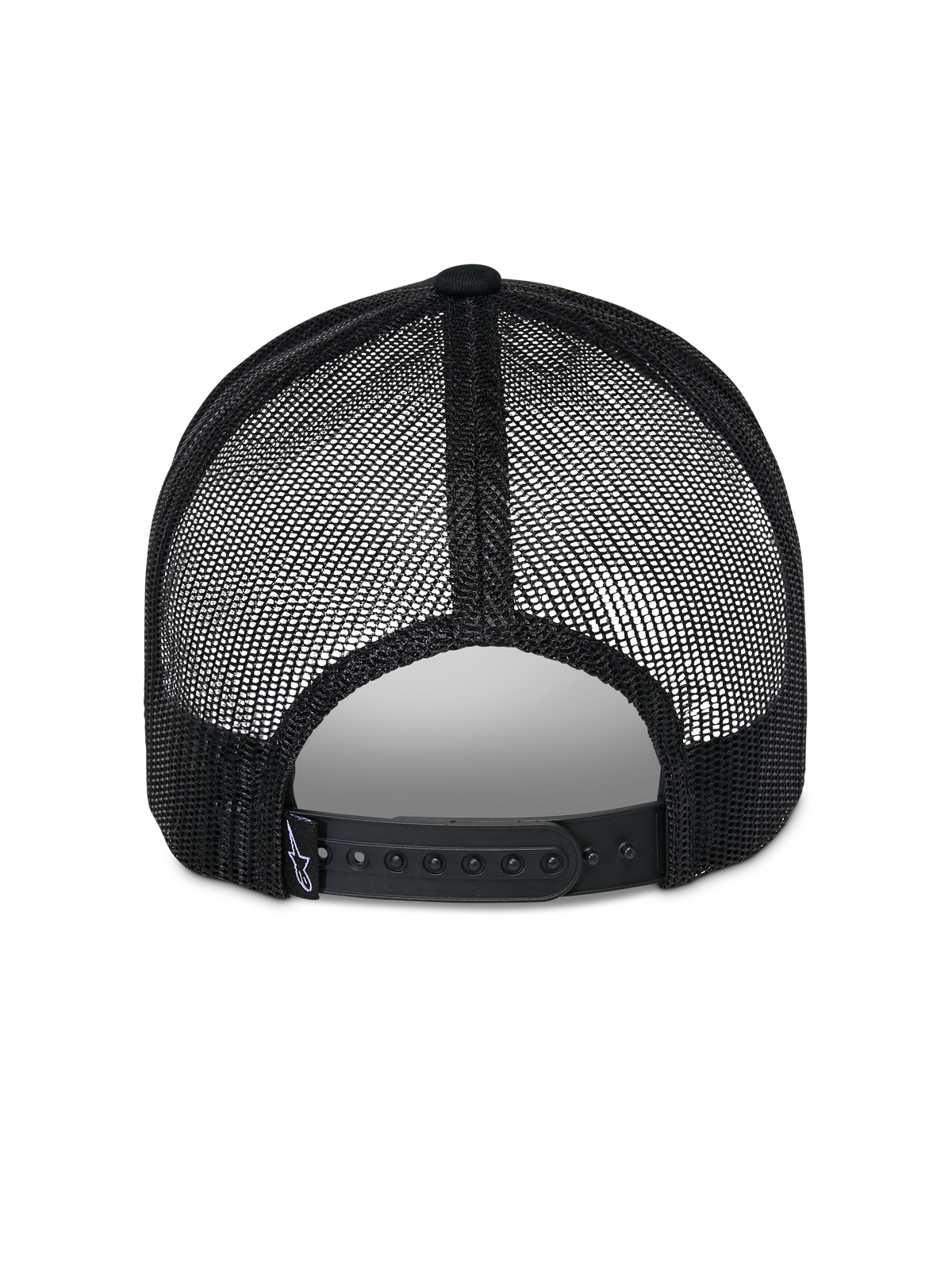 Alpinestars Reflect Ageless Trucker pet, zwart, achteraanzicht met ademende poly mesh panelen en verstelbare snapback-sluiting, voorzien van een klein geweven merklabel, casual motorsport-geïnspireerde pet