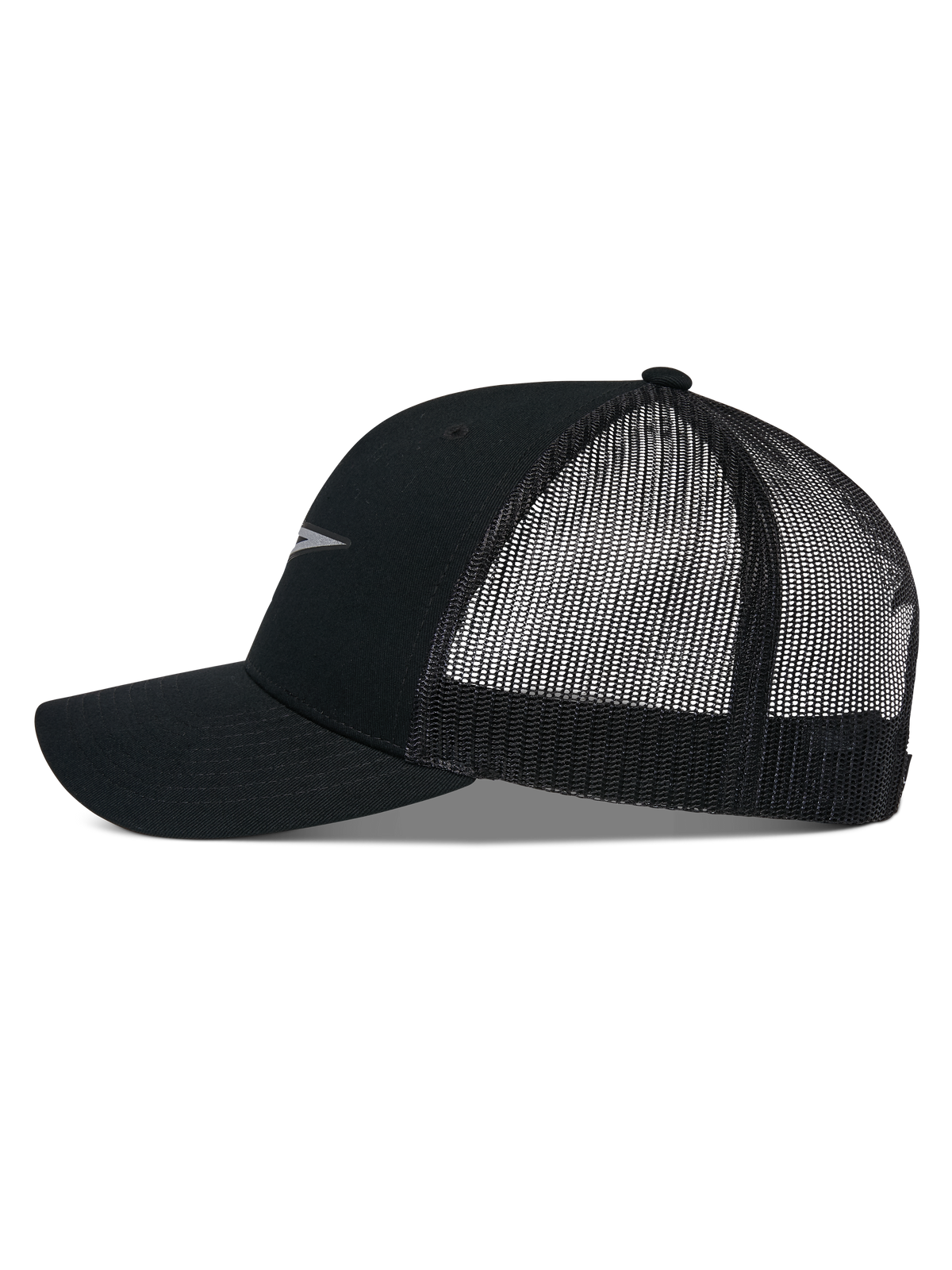 Alpinestars Reflect Ageless Trucker Pet, zijprofiel, zwart, gebogen klep met gestructureerde kroon, ademende mesh panelen aan de achterkant, reflecterend logo detail, casual motorsport hoofddeksel
