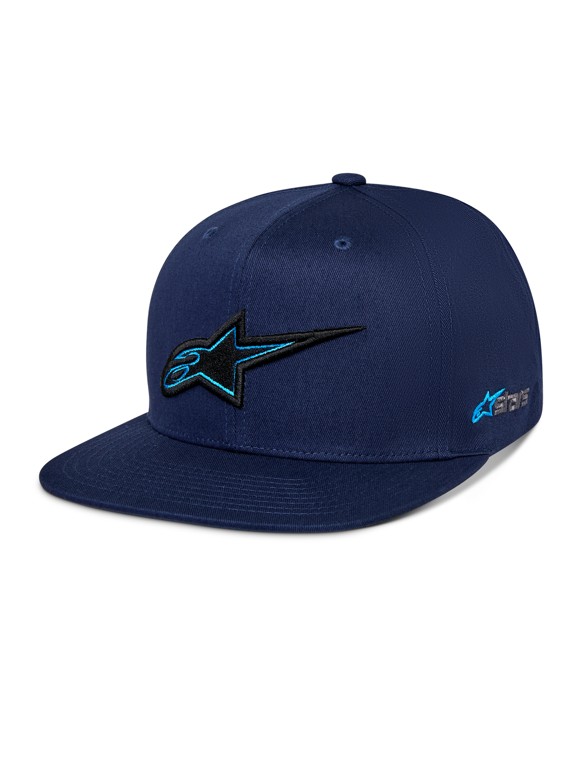 Alpinestars Thickness Snapback pet, donkerblauw, gestructureerde kroon met platte klep, 3D zwart geborduurd Astars-logo met lichtblauwe omlijning, geborduurd logo aan de zijkant, casual motorsport-geïnspireerde streetwear.