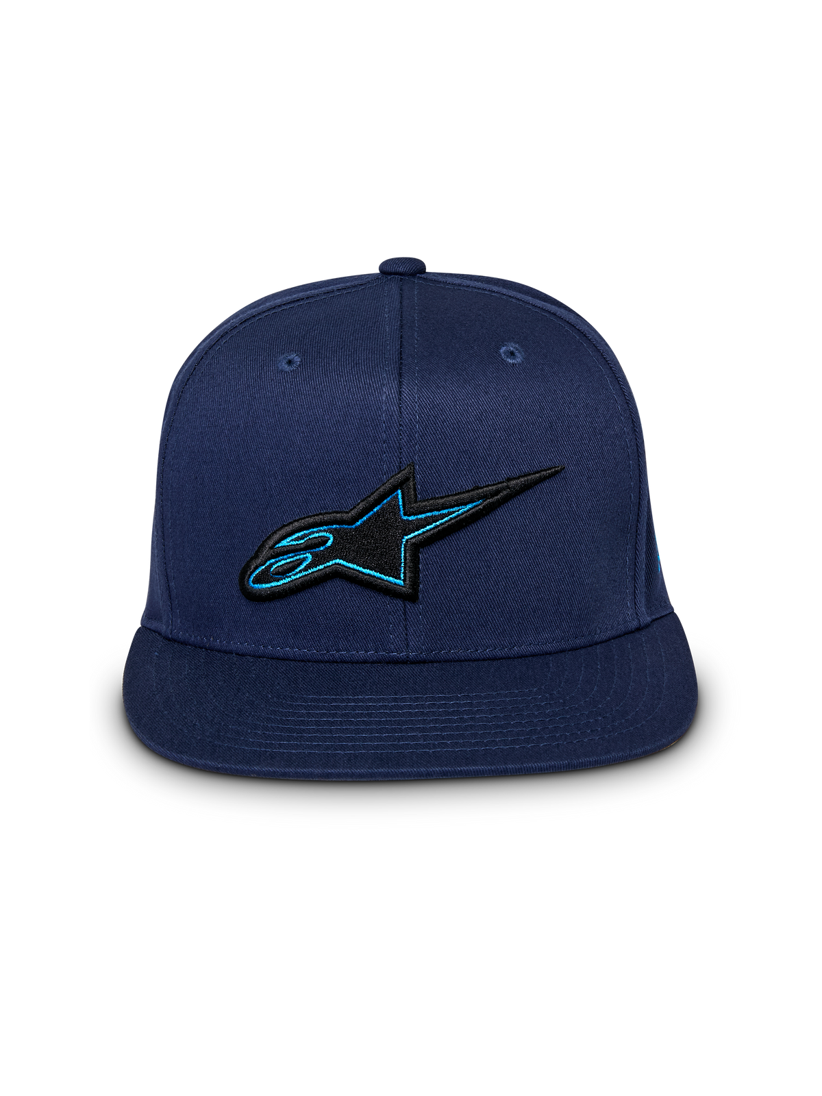Alpinestars Thickness Snapback pet, marineblauwe cap, vooraanzicht, 3D-geborduurd zwart en blauw Astars-logo, platte klep, casual motorsport streetwear