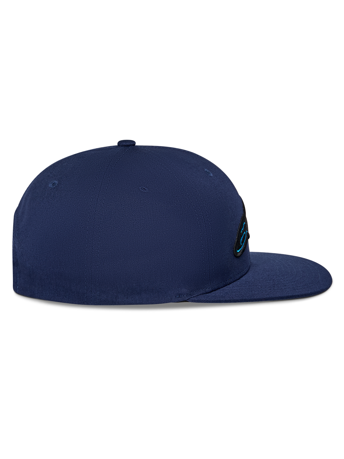 Alpinestars Thickness Snapback pet, donkerblauwe cap, zijaanzicht, gestructureerde kroon met platte klep, katoenen keperstof, geborduurd logodetail op de voorzijde, casual motorsport hoofddeksel