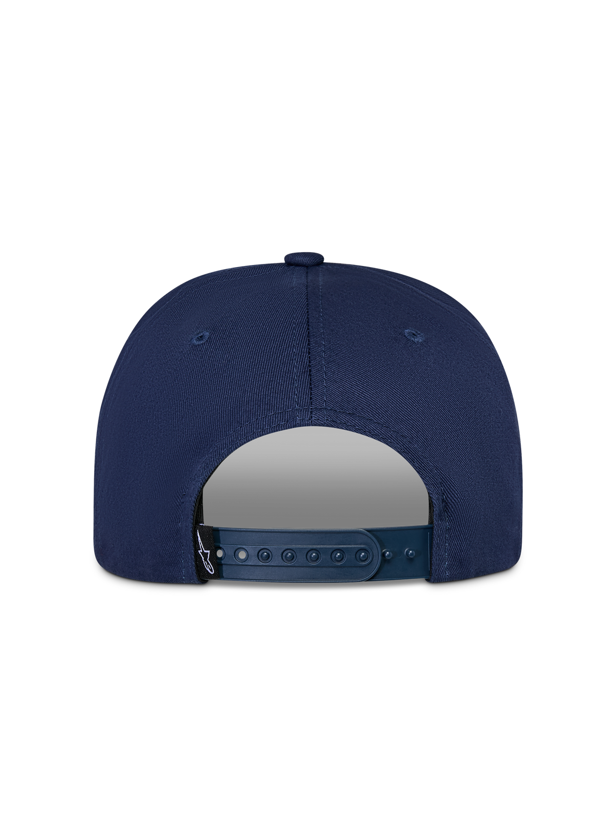Alpinestars Thickness Snapback pet, marineblauw, achteraanzicht met verstelbare snapback-sluiting en klein zwart Astars-logolabel, gestructureerde katoenen keperstof