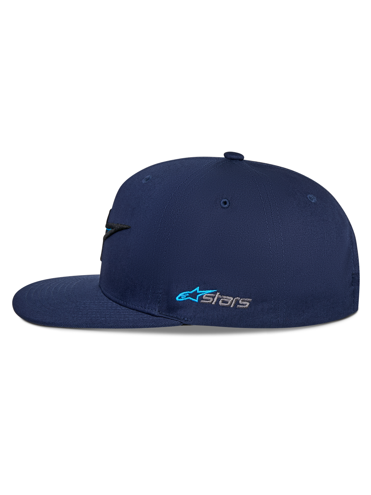Alpinestars Thickness Snapback Pet, marineblauw, zijaanzicht, platte klep met gestructureerde kroon, geborduurd Astars-logo aan de zijkant in lichtblauw en grijs, casual motorsport streetwear