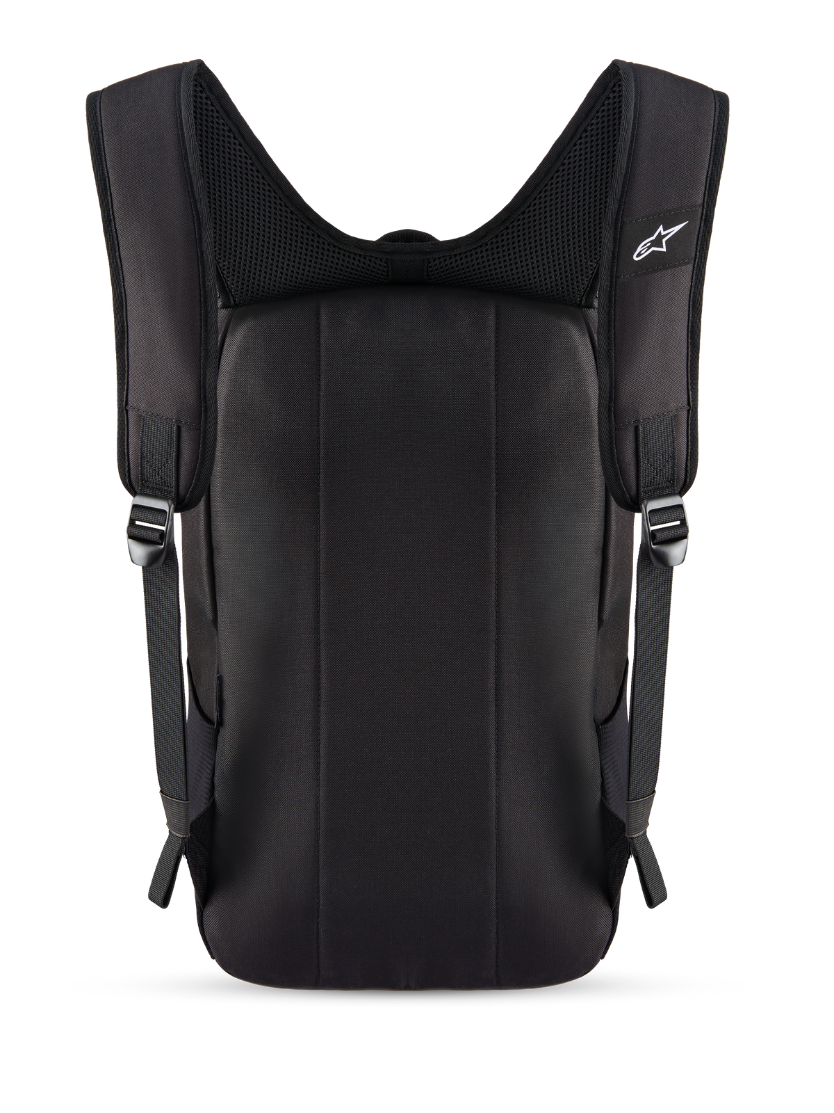Alpinestars Defcon V3 Rugzak, zwart, achteraanzicht met gewatteerd rugpaneel en ademende air-mesh schouderbanden, klein wit Alpinestars-logo op de schouderband, duurzame 600D polyester constructie voor dagelijks gebruik