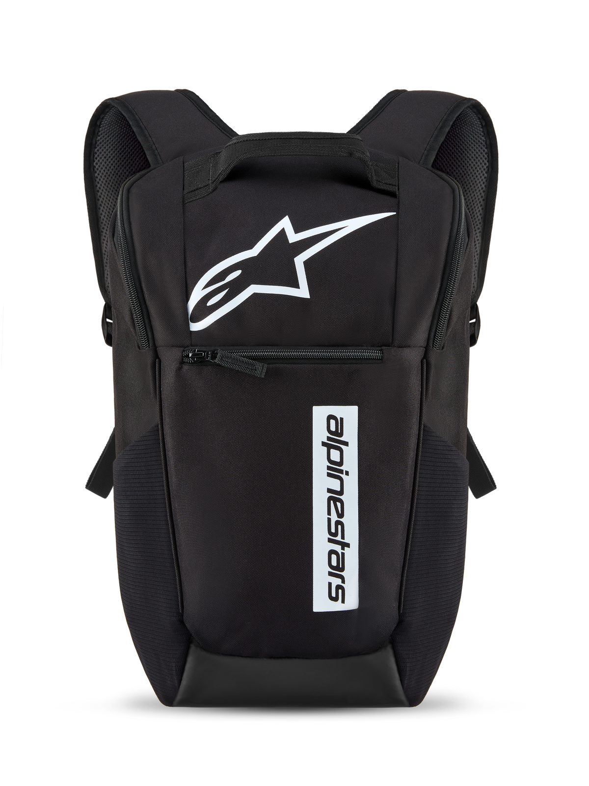 Alpinestars Defcon V3 rugzak, zwart en wit, kleine dagelijkse rugzak met wit sterlogo en verticaal woordmerk, voorvak met rits, gewatteerde schouderbanden, duurzaam 600D polyester materiaal