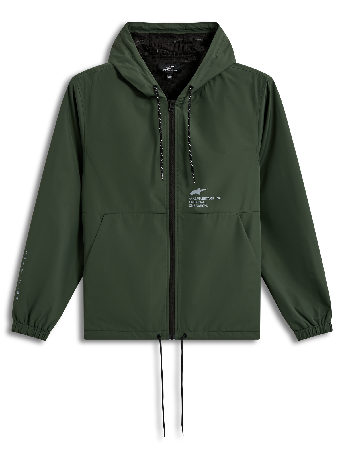 Alpinestars Speeder Resolve windbreaker jas, groene lichtgewicht jas met capuchon, trekkoorden en logo's op de borst en mouw.