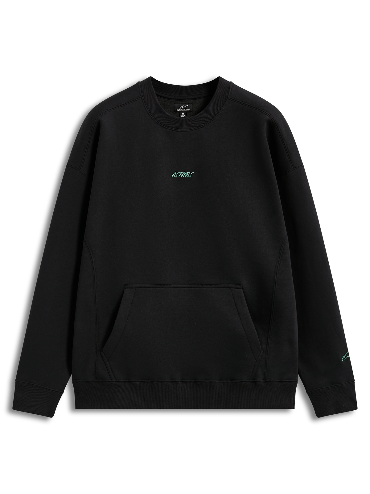 Alpinestars Guise Oversized Crew, oversized zwart fleece sweatshirt met teal geborduurd logo en kangoeroezak.