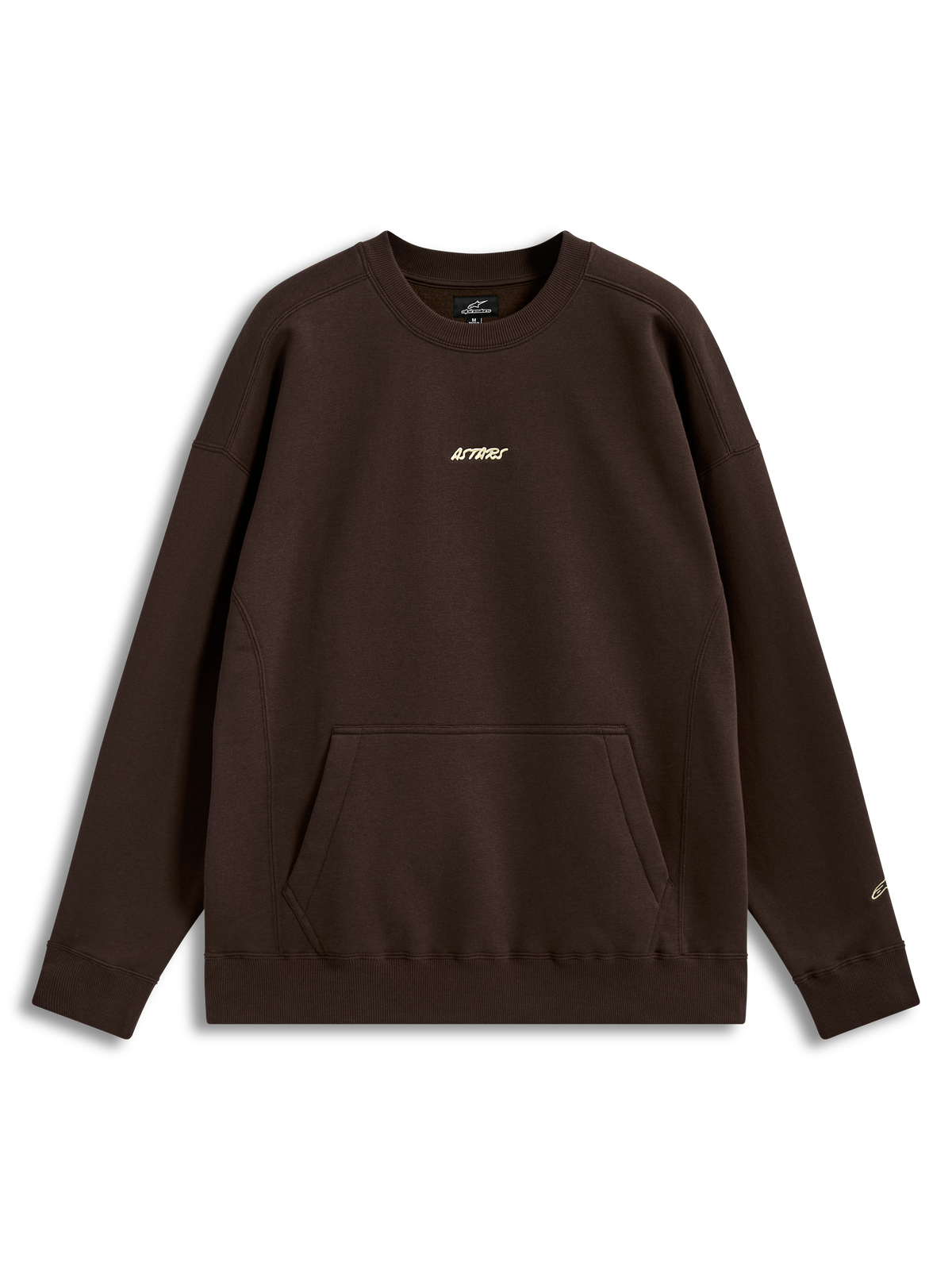 Alpinestars Guise Oversized Crew, bruine fleece pullover met kangoeroezak en geborduurd Astars-logo, oversized sportswear.