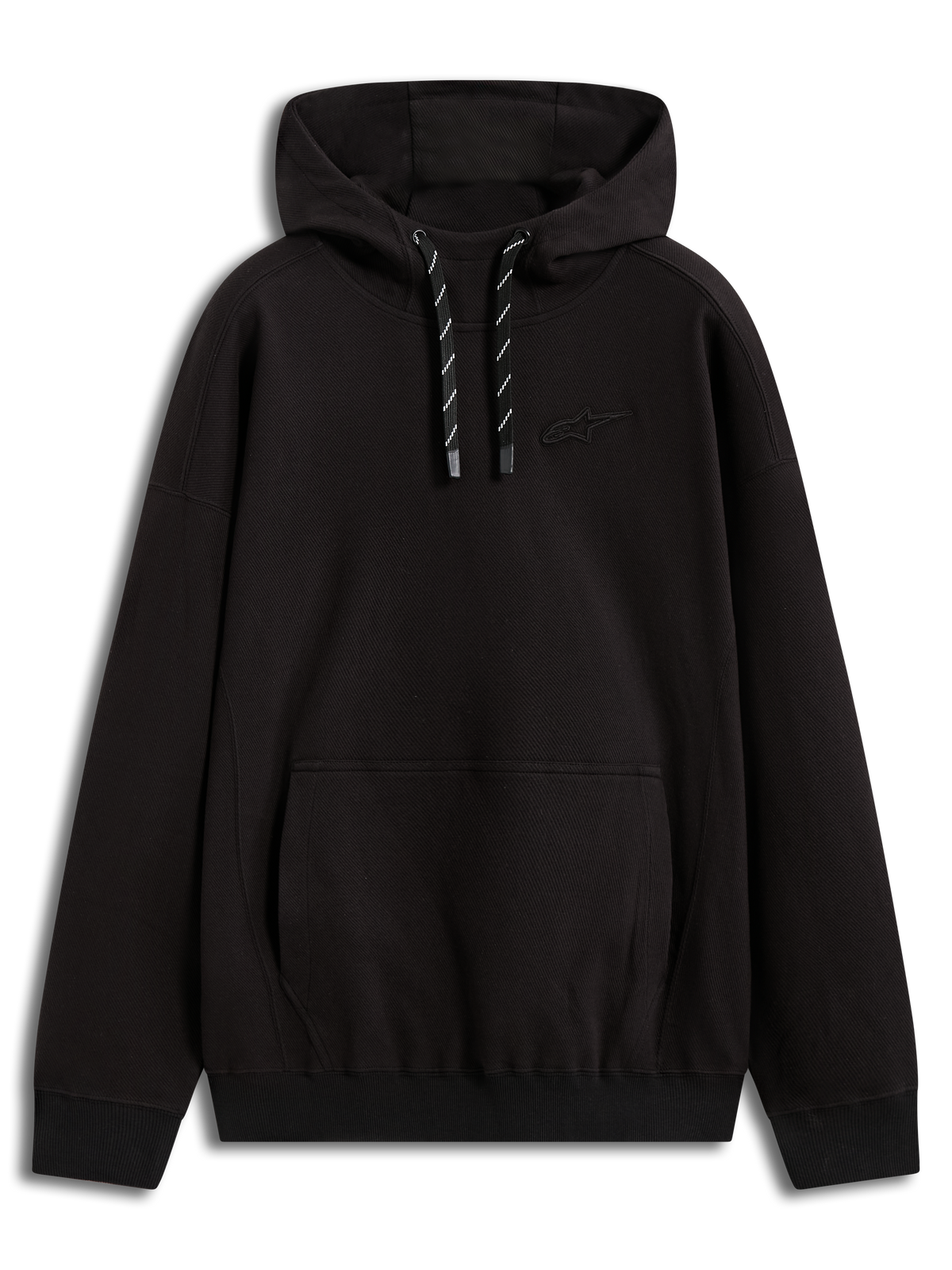 Alpinestars Camino Textured Oversized hoodie, zwarte gestructureerde twill fleece sportkleding met een 3D-logo en kangoeroezak.