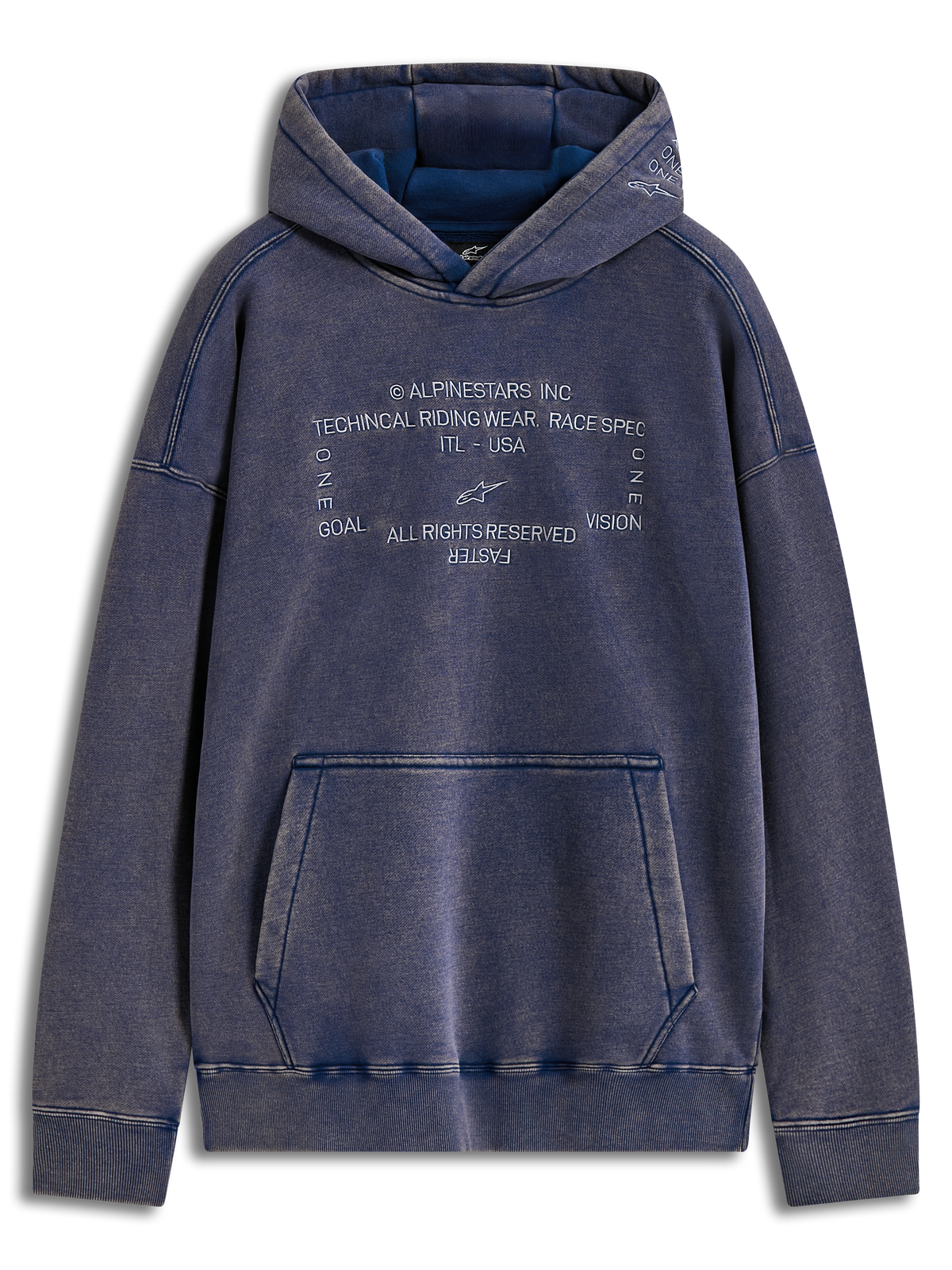 Alpinestars Infinite Washed Oversized Hoodie, blauwe snow wash fleece, geborduurde Alpinestars Word logo's, kangoeroezak